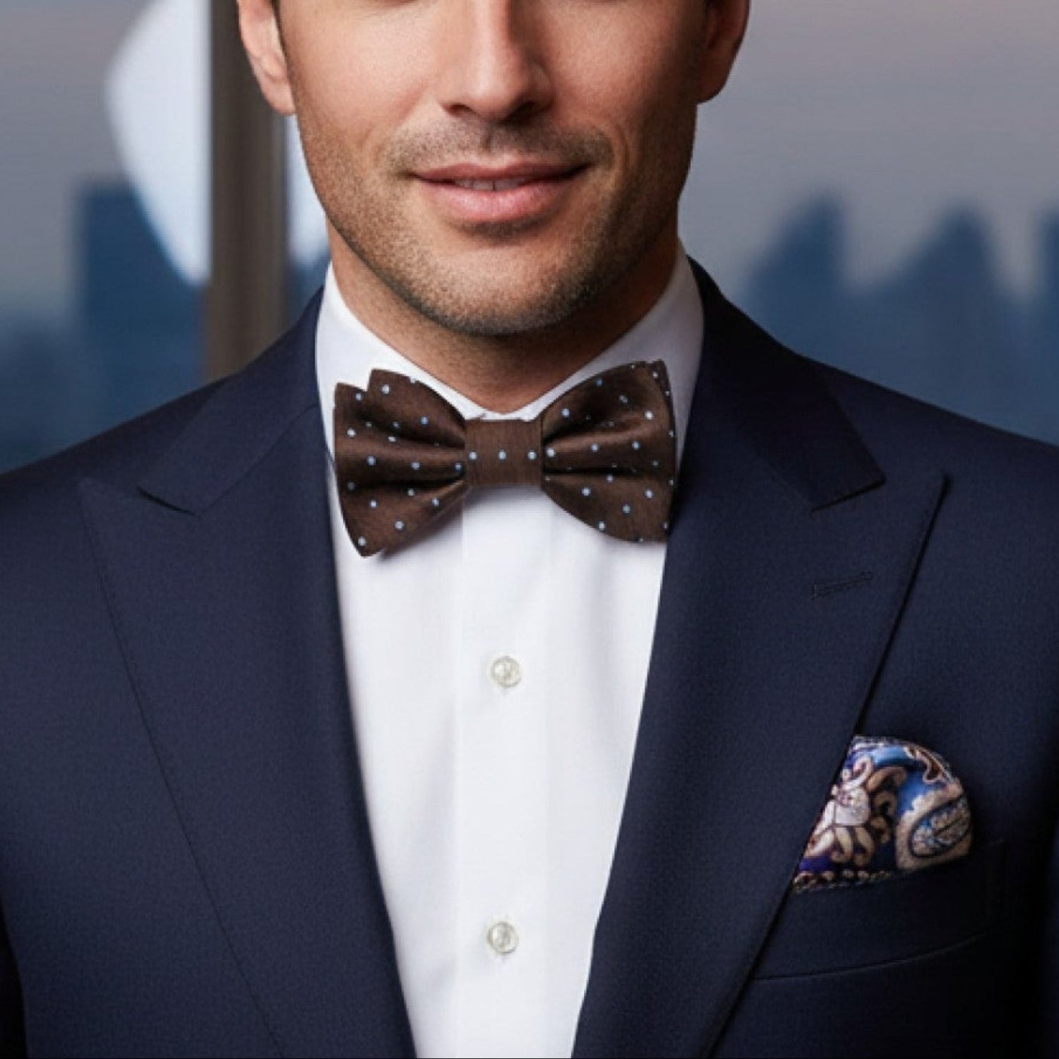 Man in a navy suit with a bow tie and pocket square, standing in front of a cityscape.