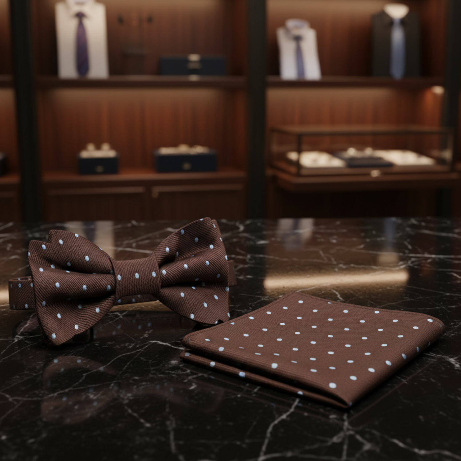 Brown, Light Blue Polka Bow with  Pocket Square
