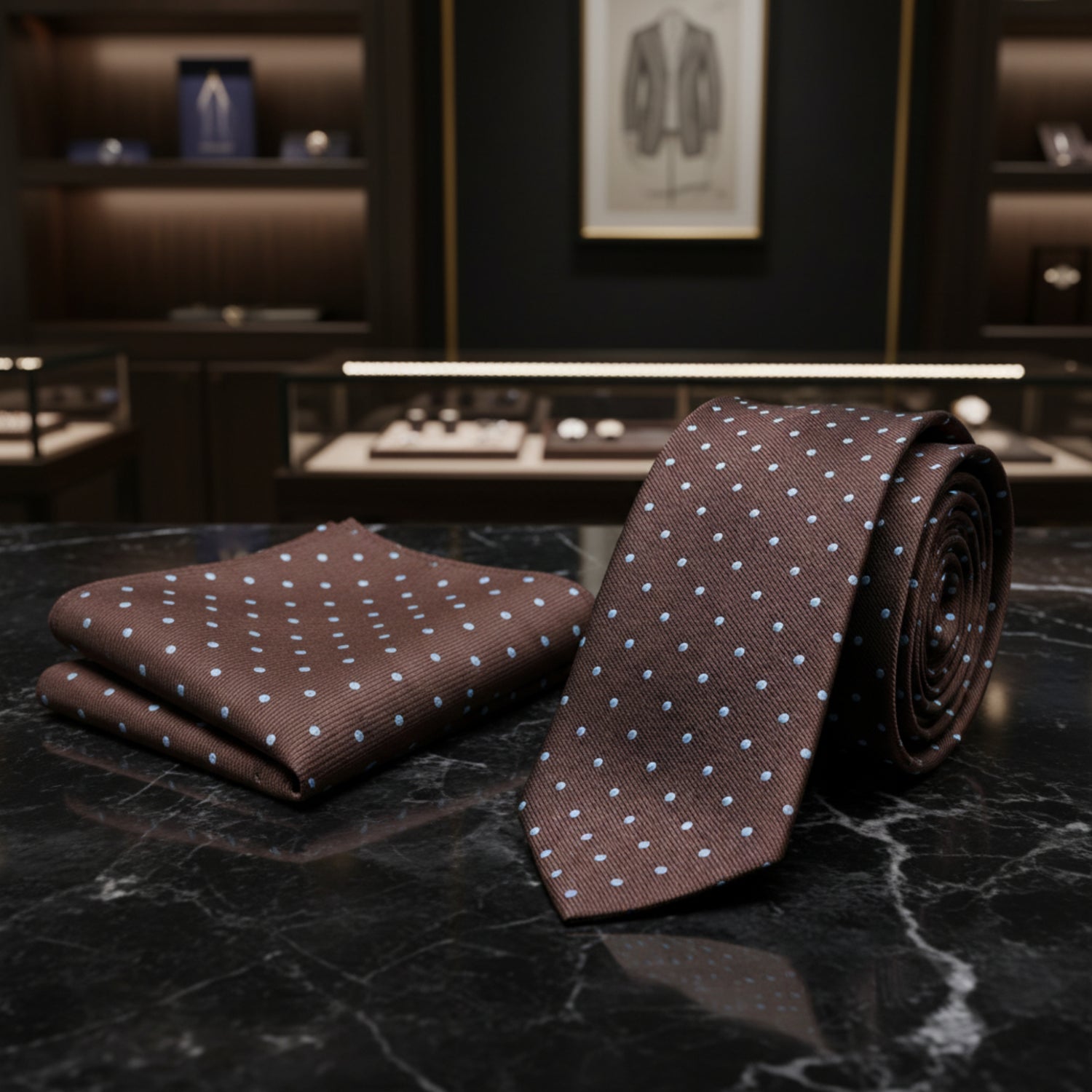 Alt View: Brown, Light Blue Polka Tie and Square