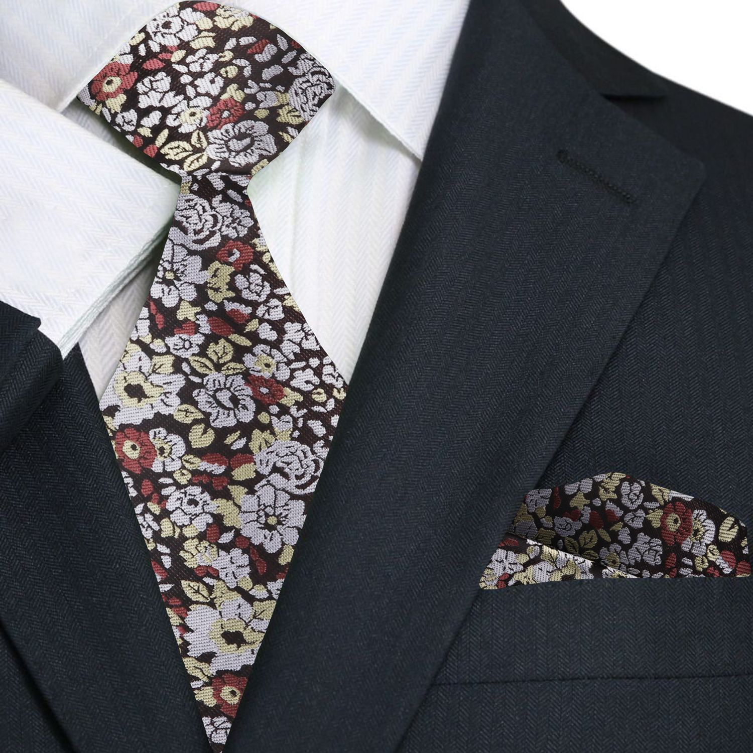 Floral tie and pocket square set on a suit jacket