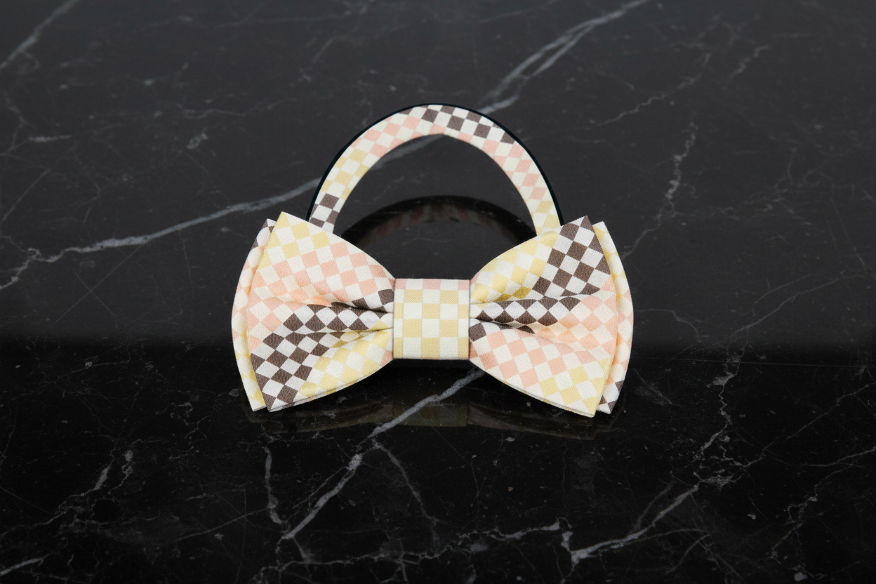 Peach, Brown, Light Yellow Check Bow Tie Pre Tied
