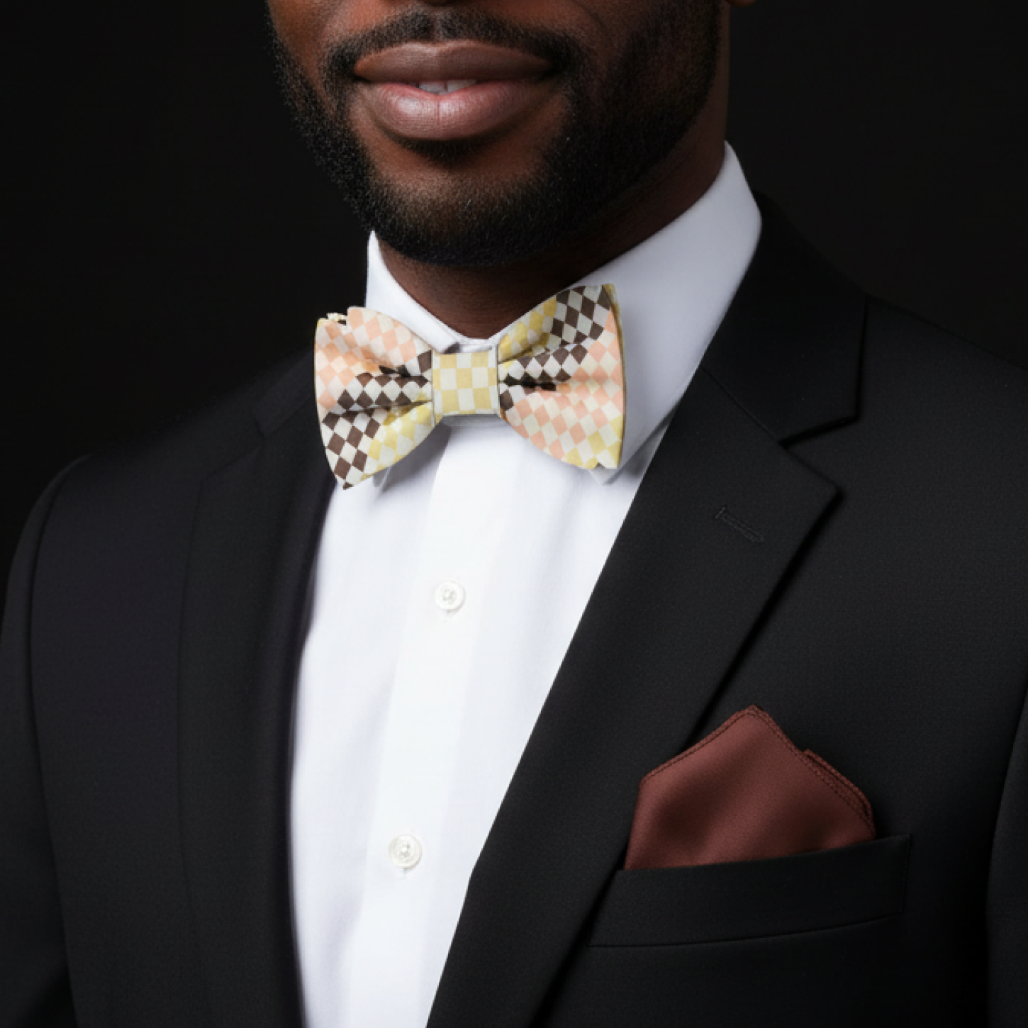 Man wearing a black suit with a patterned bow tie and brown pocket square on a dark background