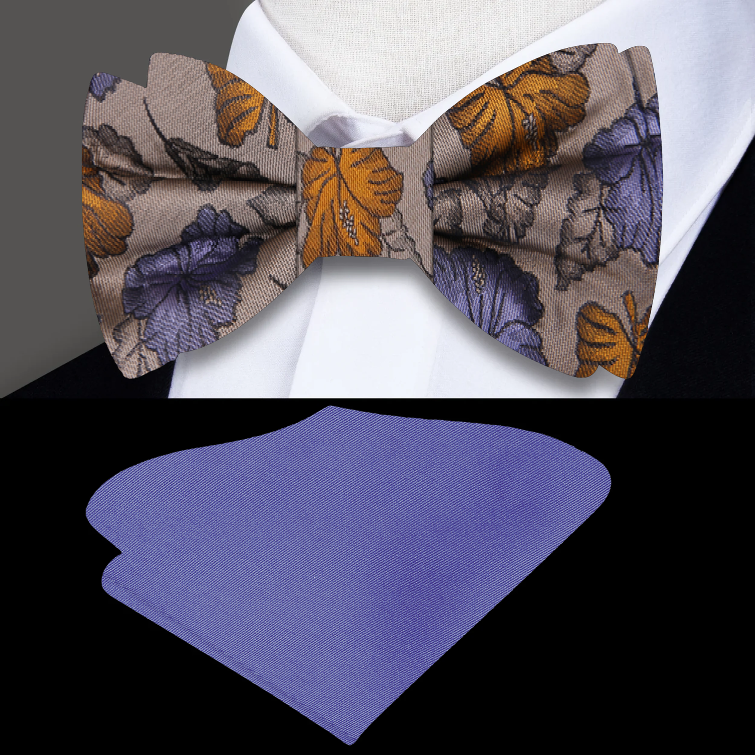 Light Brown, Orange, Purple Leaves and Flowers Bow Tie and Purple Square