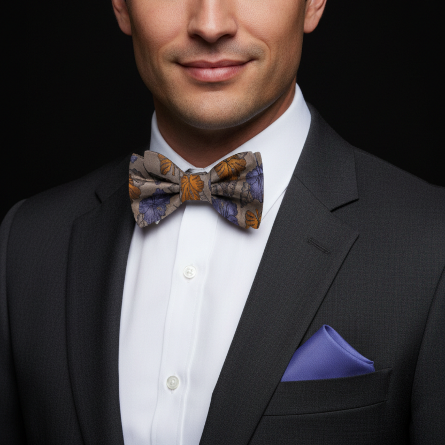 Brown orange and purple flowers bow tie and square