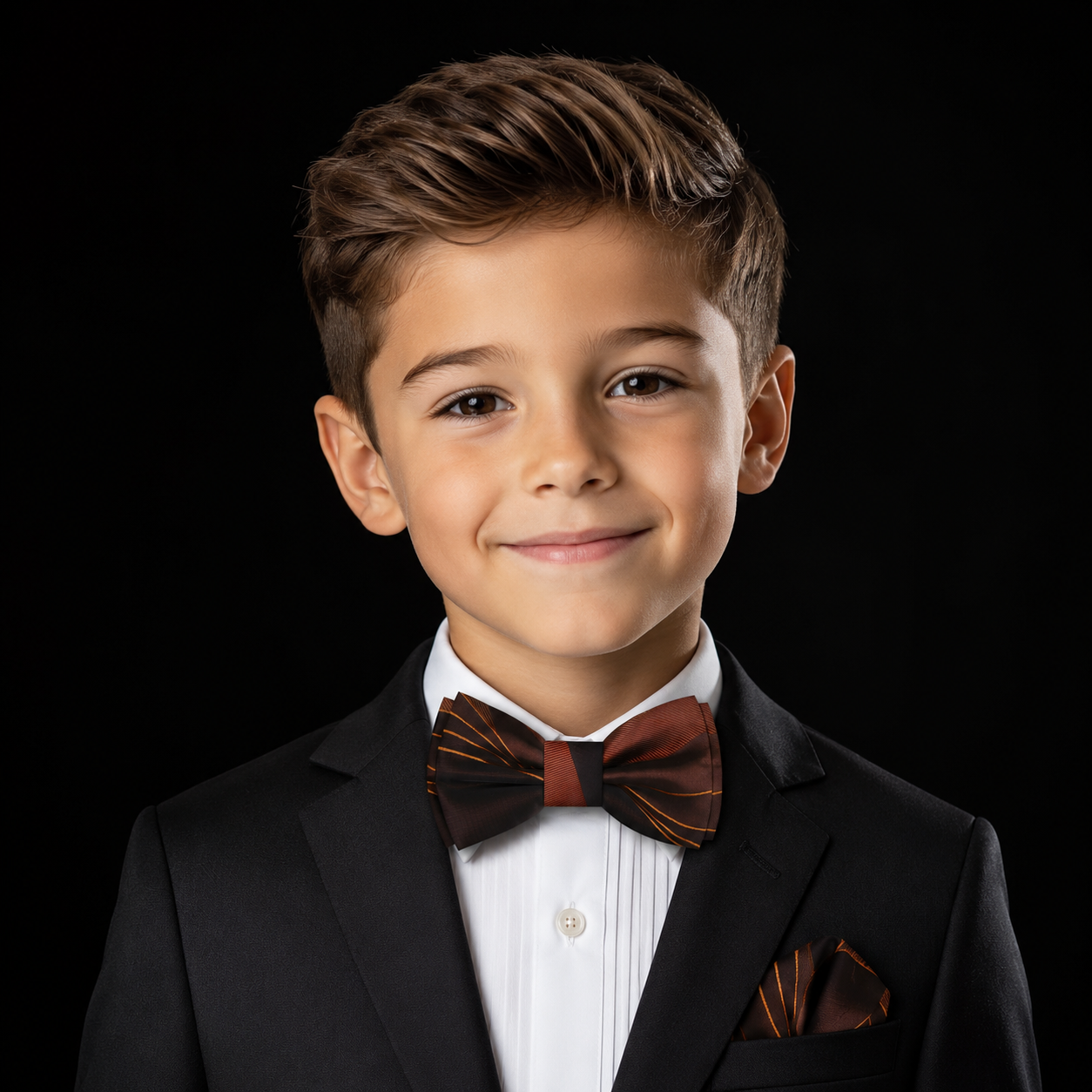 Young boy in a formal suit with a bow tie against a black background