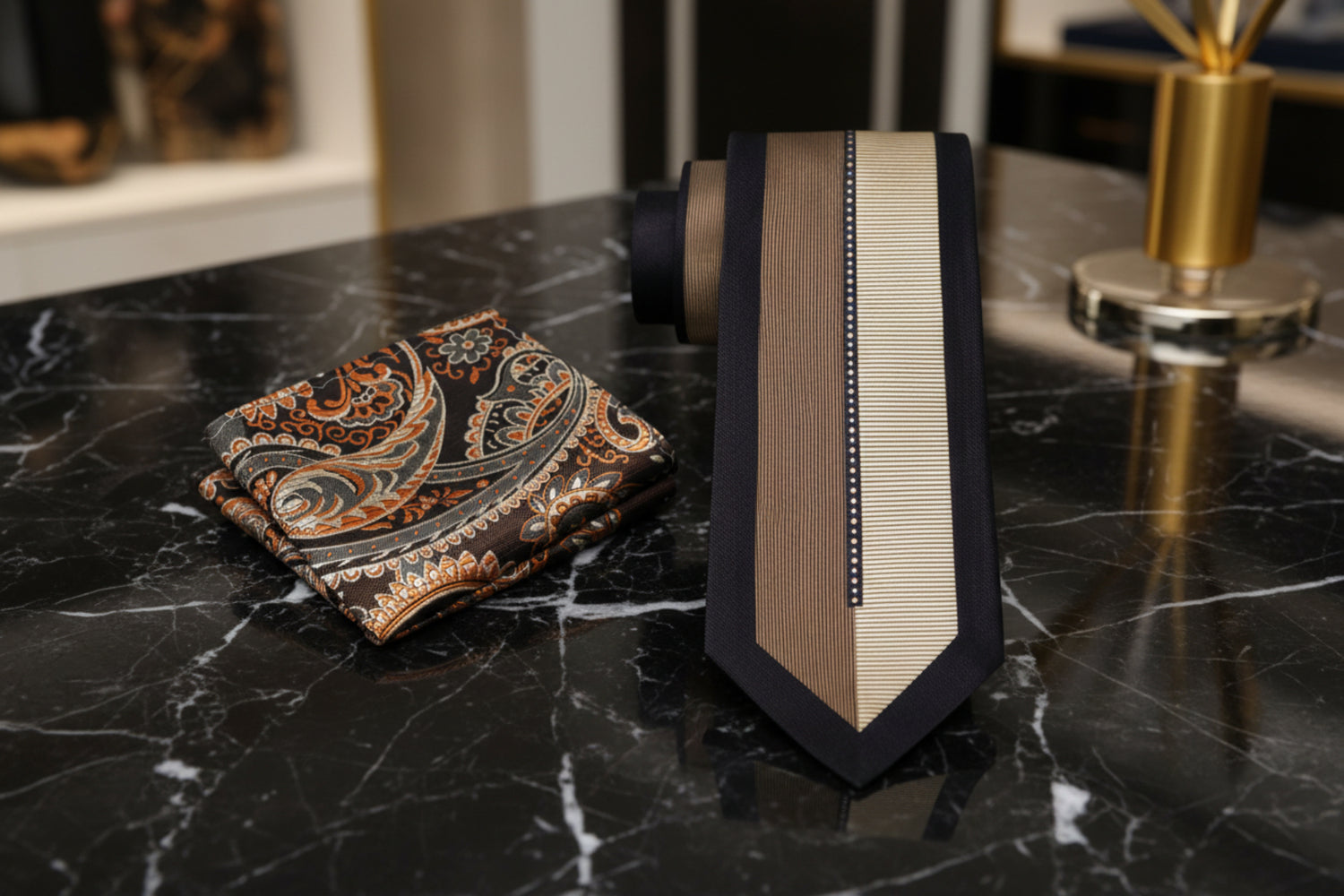 View 2: Brown Necktie with Brown Paisley Square