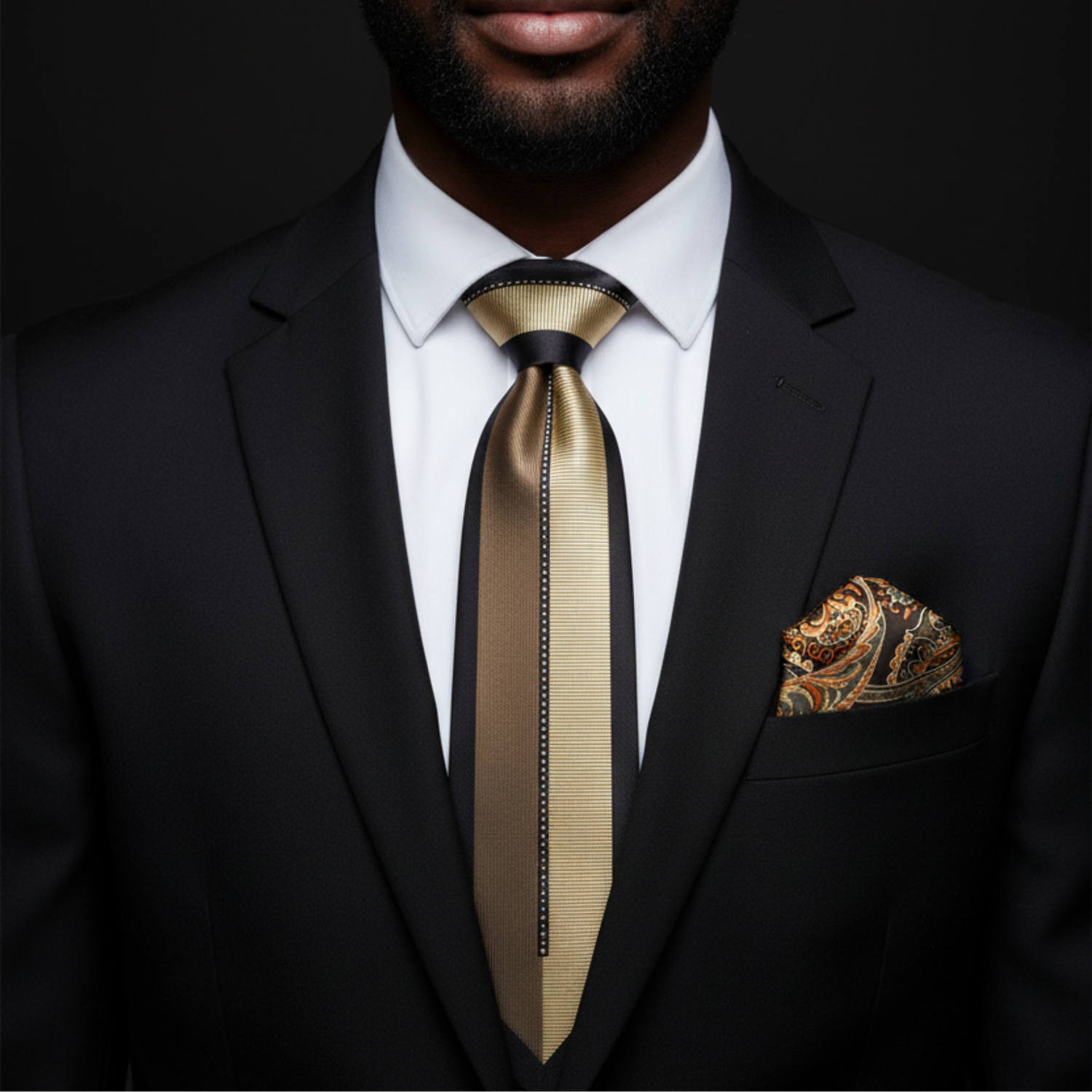 Man wearing a black suit with a gold tie and pocket square on a dark background