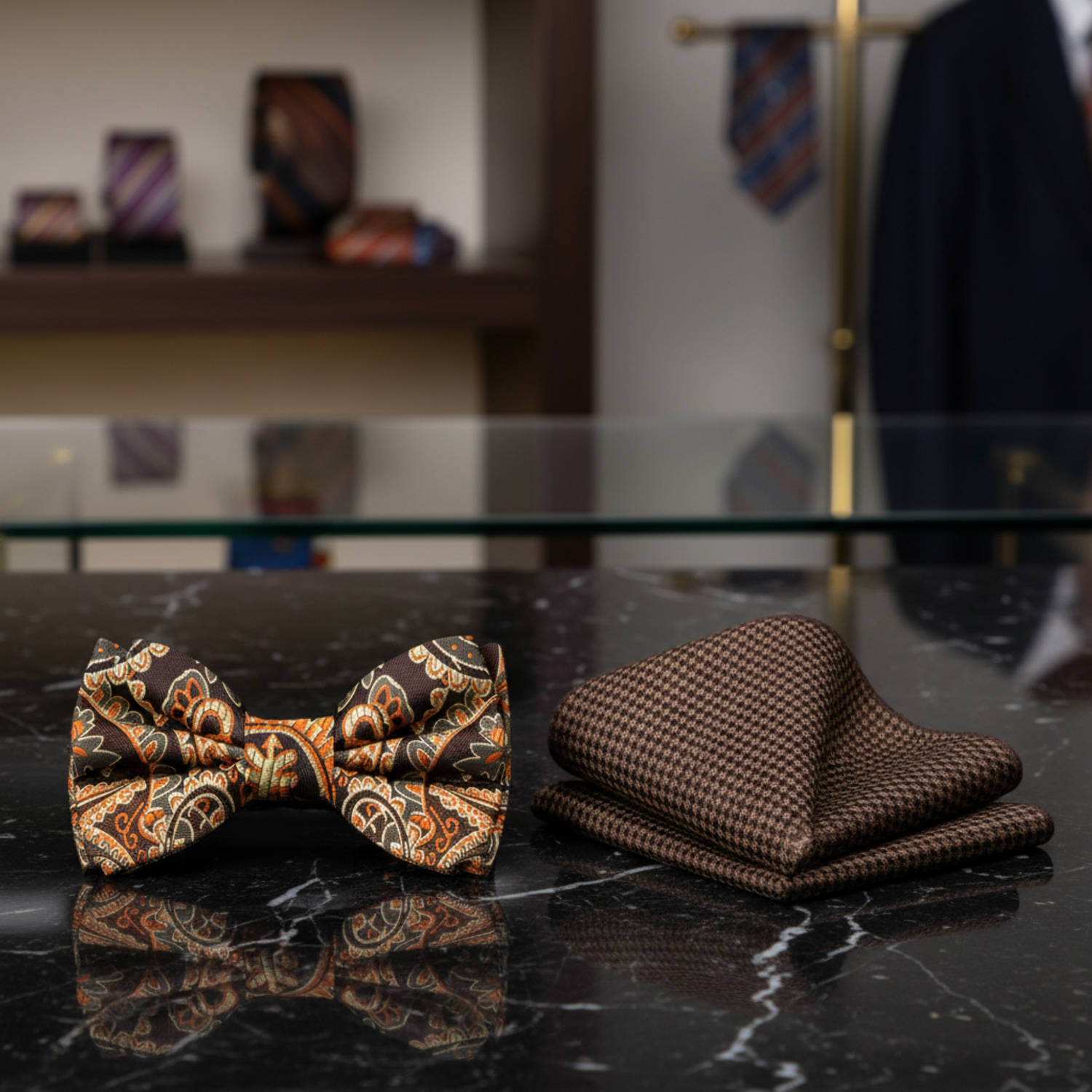 Brown Mahogany No Check Bow Tie and Brown Hounds Tooth Square