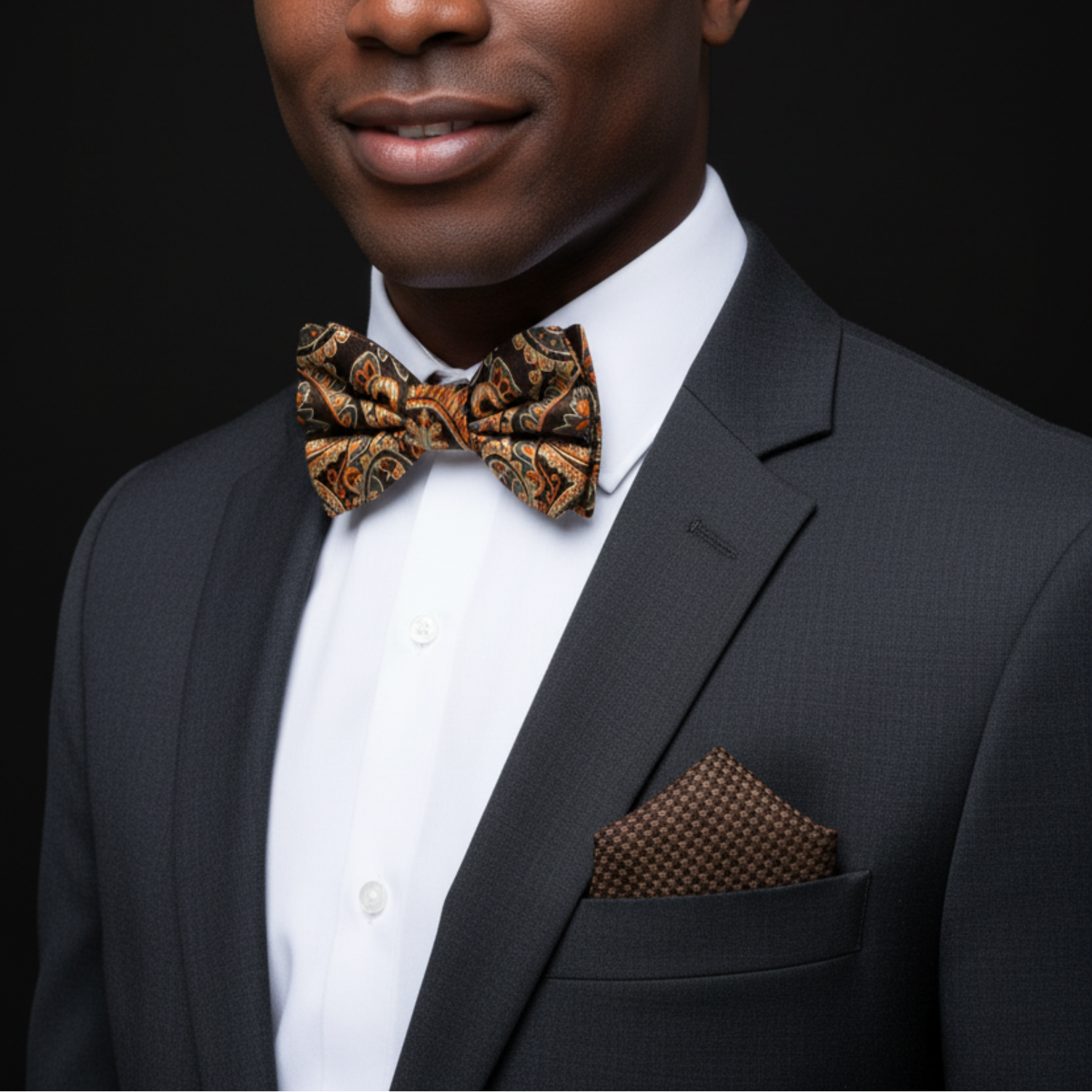 Man wearing a dark suit with a patterned bow tie and pocket square on a black background