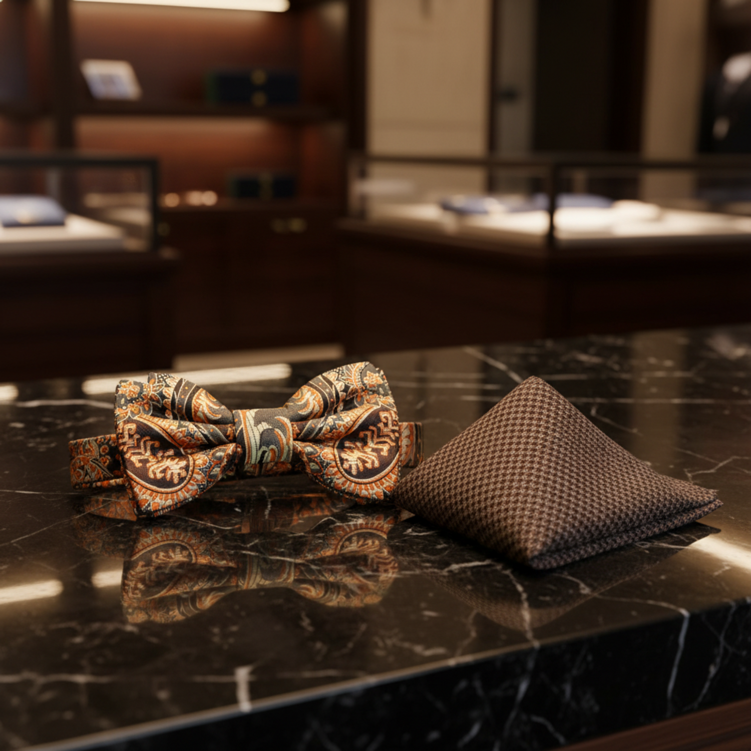 A Dark Brown, Brown Paisley With Check Pattern Self Tie Bow Tie, Accenting Pocket Square