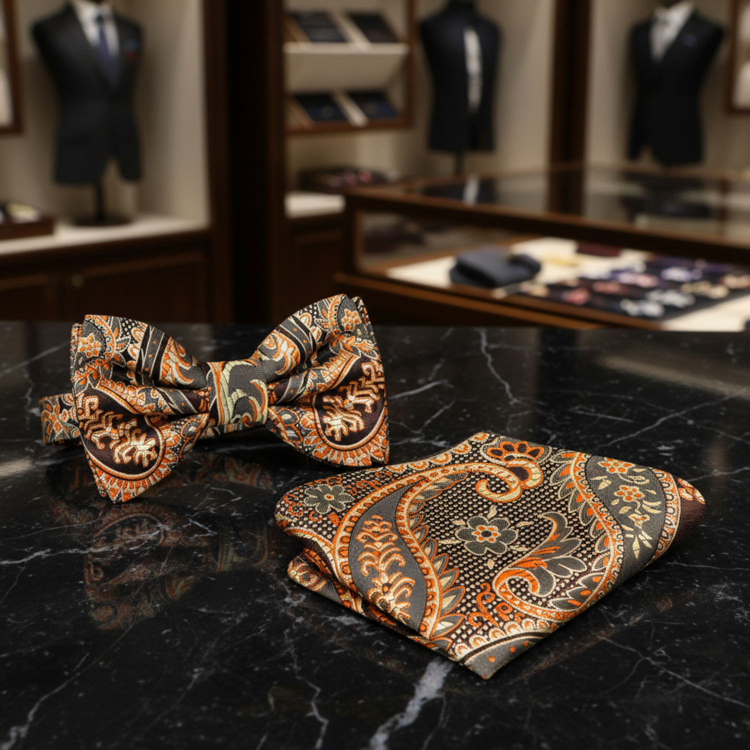 A Dark Brown, Brown Paisley With Check Pattern Self Tie Bow Tie, Matching Pocket Square