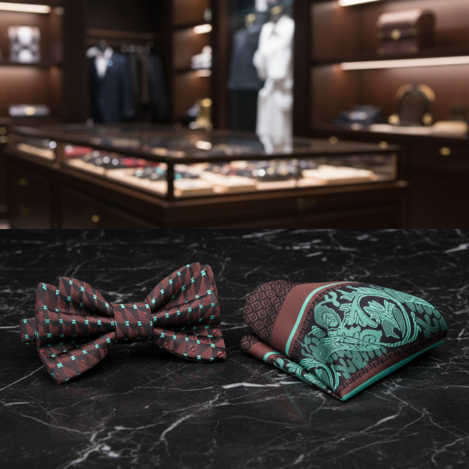 Brown Mint Geometric Bow Tie and Accenting Square