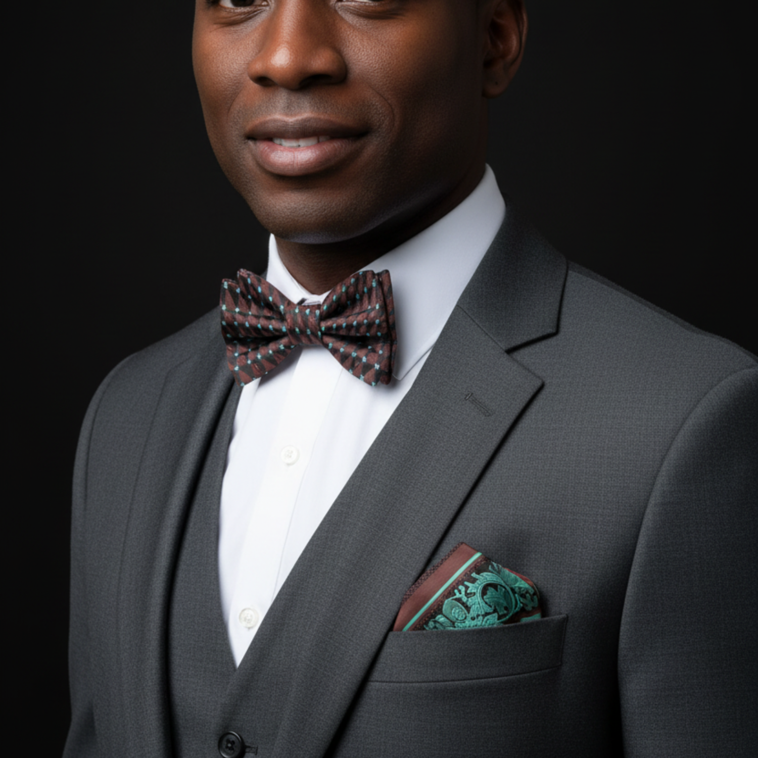 Brown and Green Geometric Bow Tie and Accenting Square