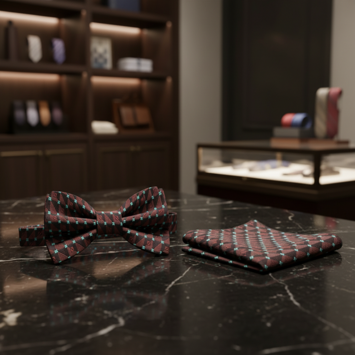 Chocolate And Mint Green Geometric Bow Tie And Pocket Square