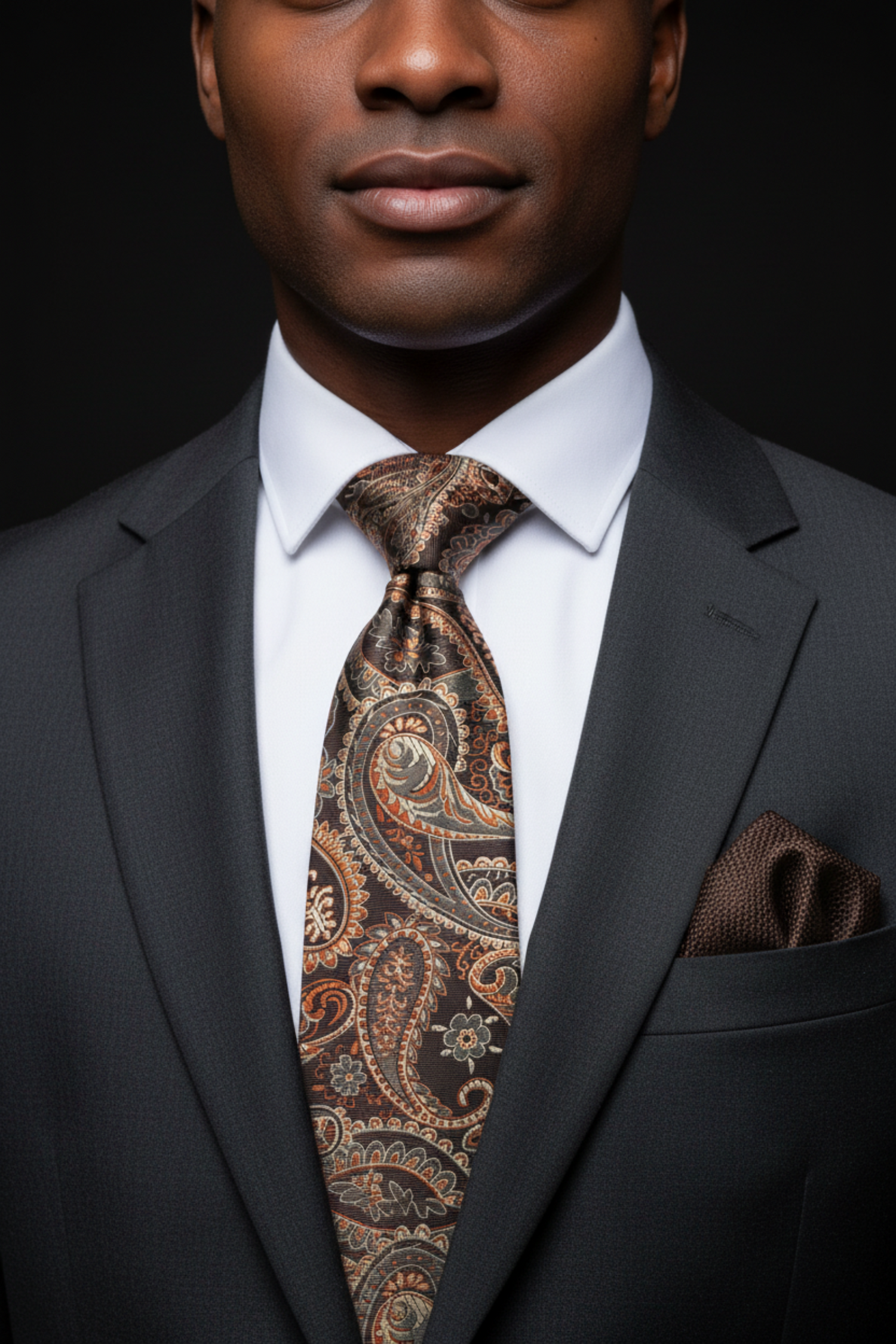 Man wearing a dark suit with a patterned tie and pocket square against a black background