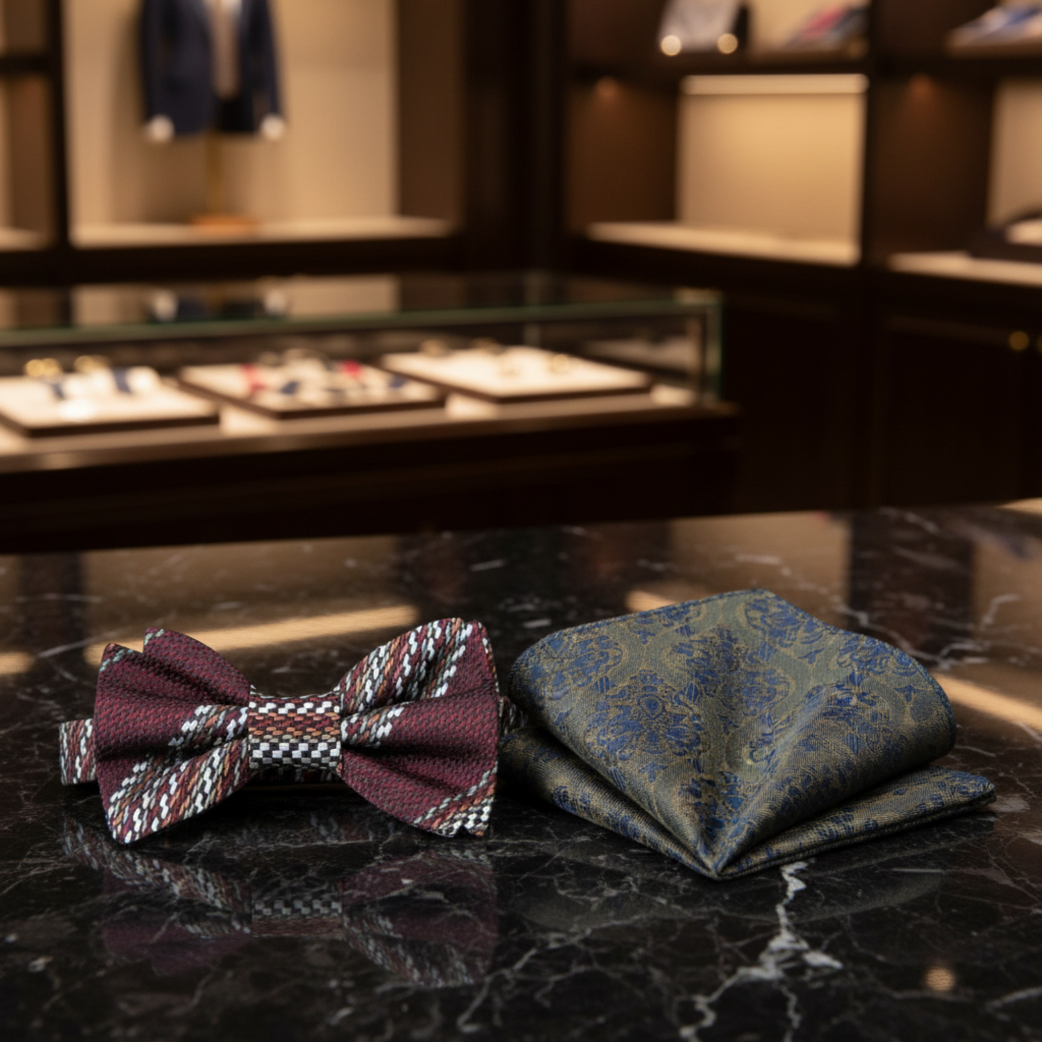 Brown White Olive Stripe Bow Tie and Accenting Square