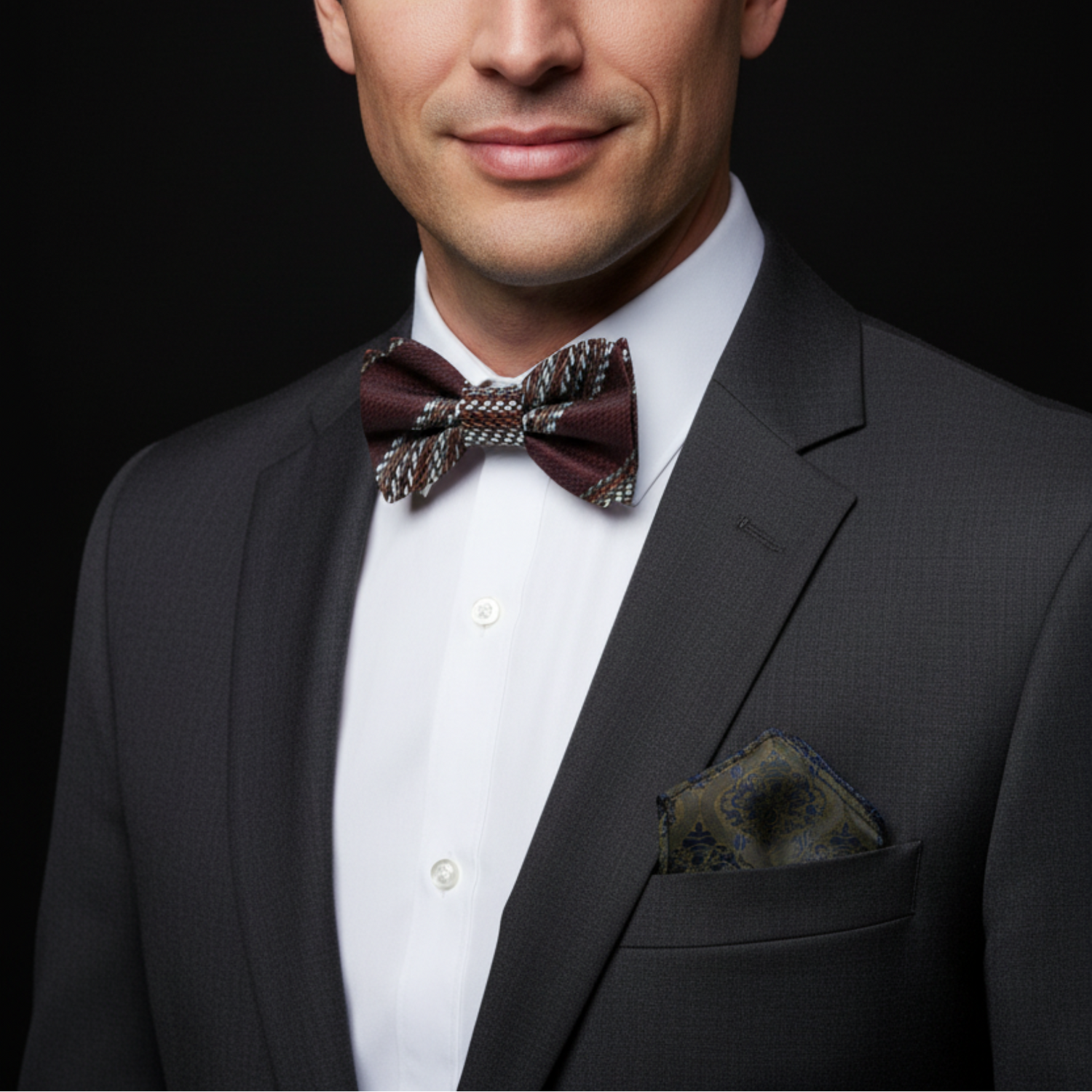 Man wearing a dark suit with a patterned bow tie and pocket square on a black background