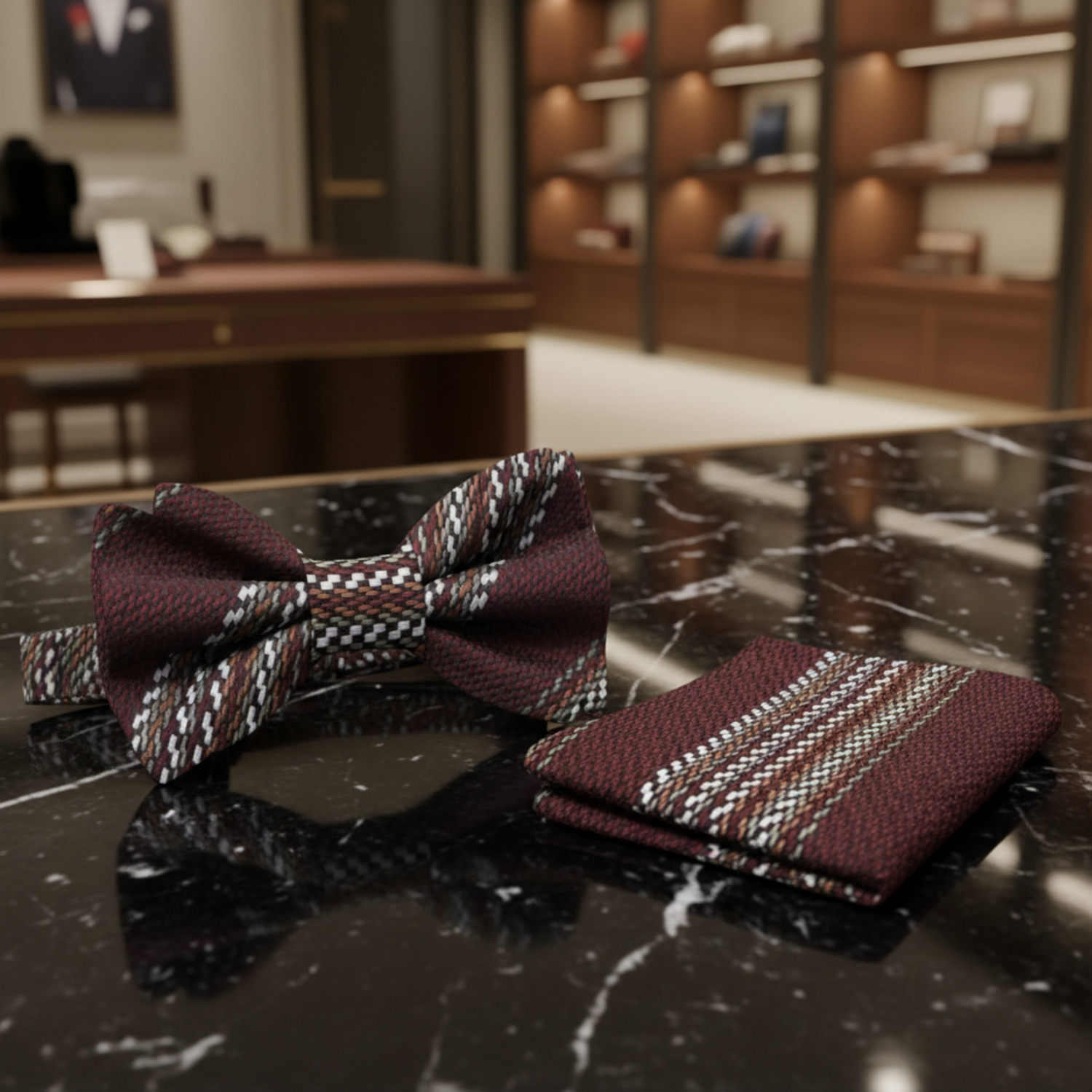 Mahogany, Pale Olive, White, Brown Geometric Bow Tie and Pocket Square