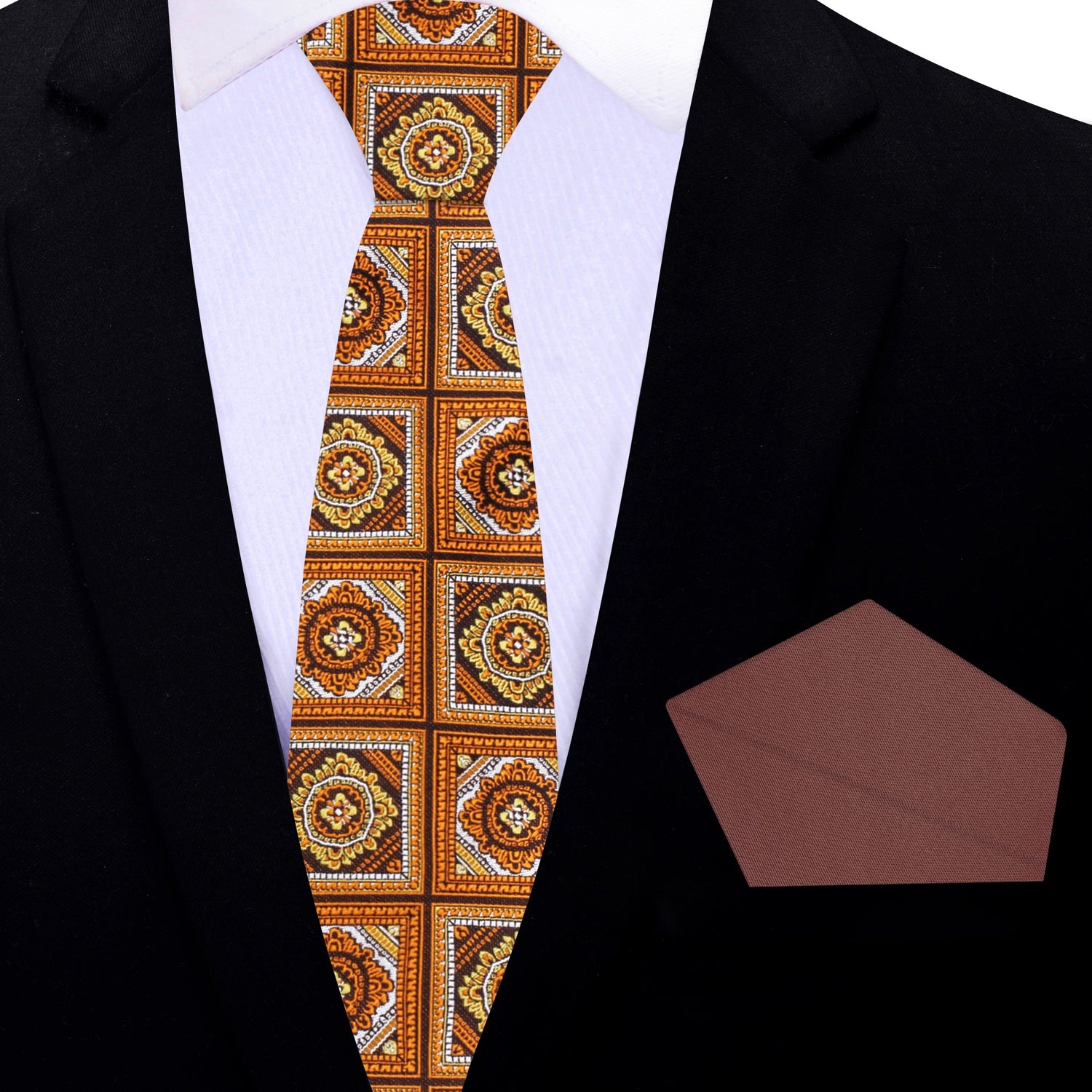 Thin Tie Rich orange and brown geometric necktie and brown pocket square