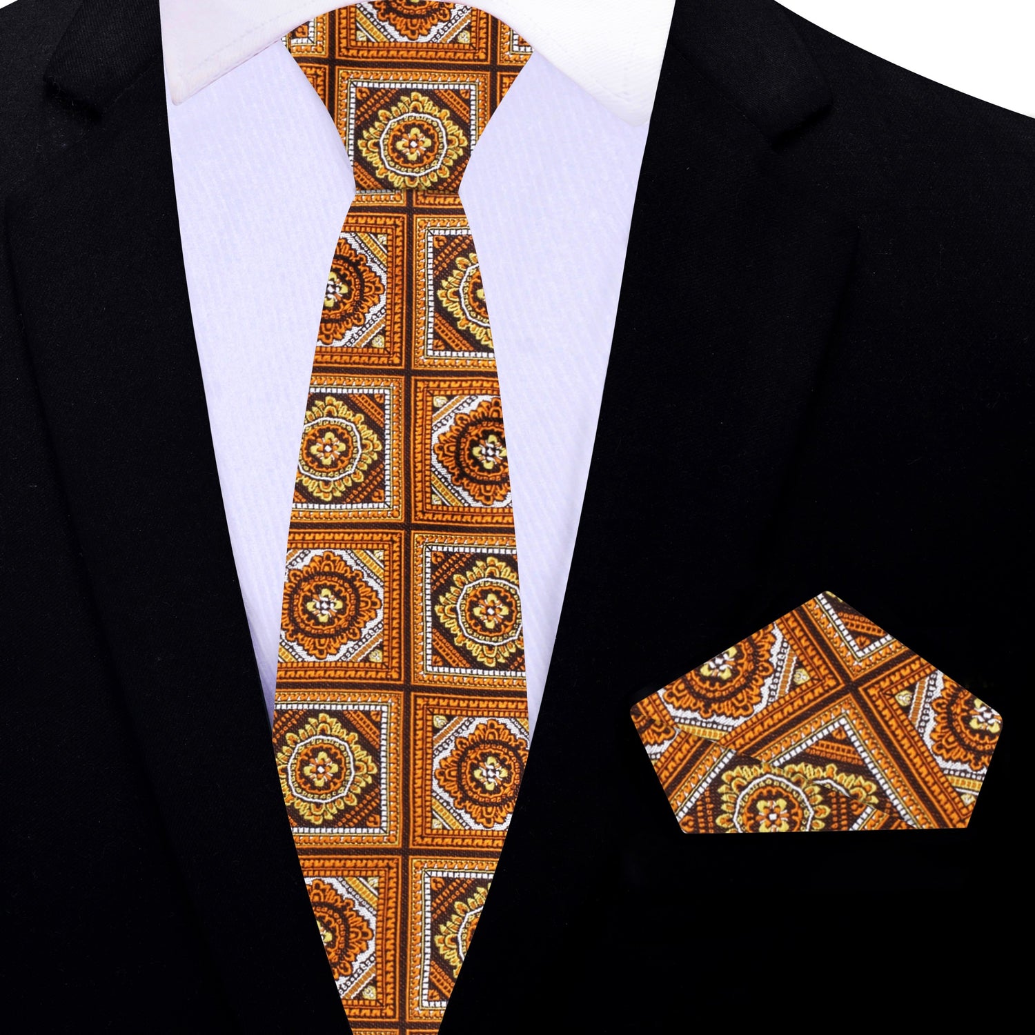 Thin Tie: Rich orange and brown geometric necktie and matching pocket square