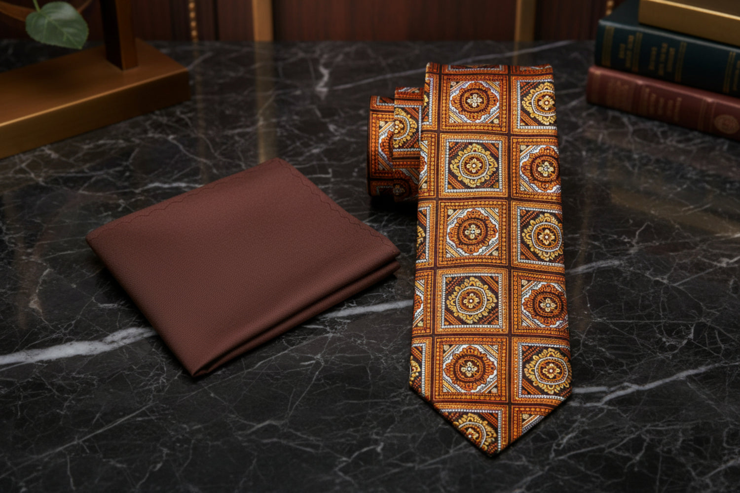 View 2 Rich orange and brown geometric necktie and brown pocket square