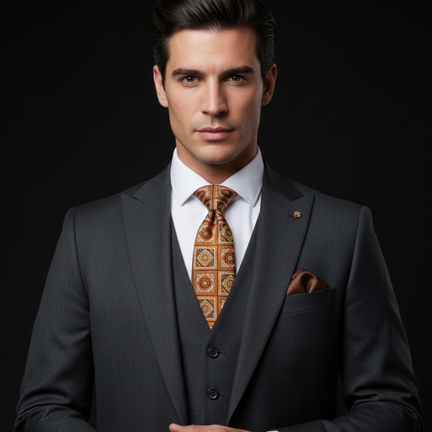 Man wearing brown orange geometric tie and brown square