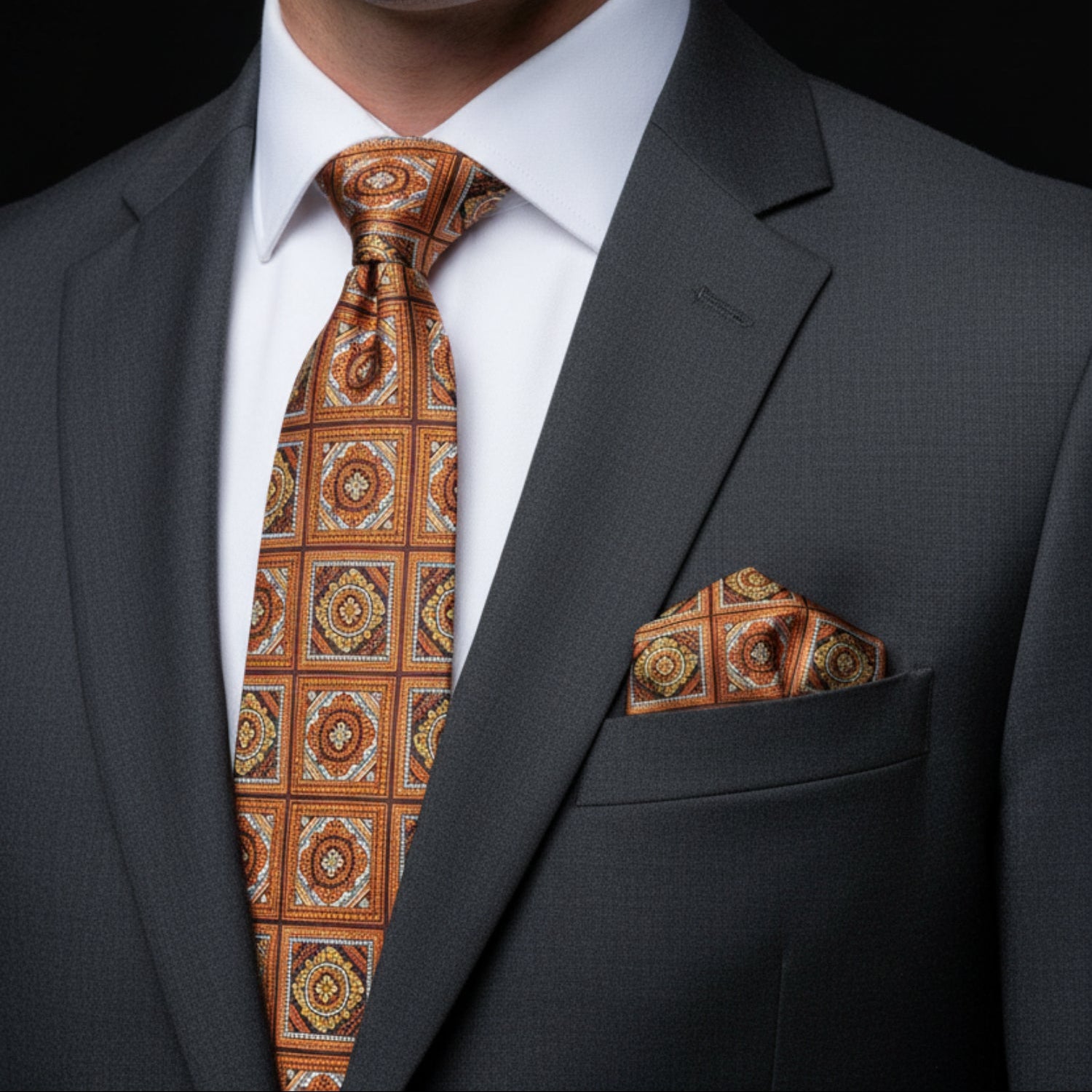 View 2: Rich orange and brown geometric necktie and matching pocket square
