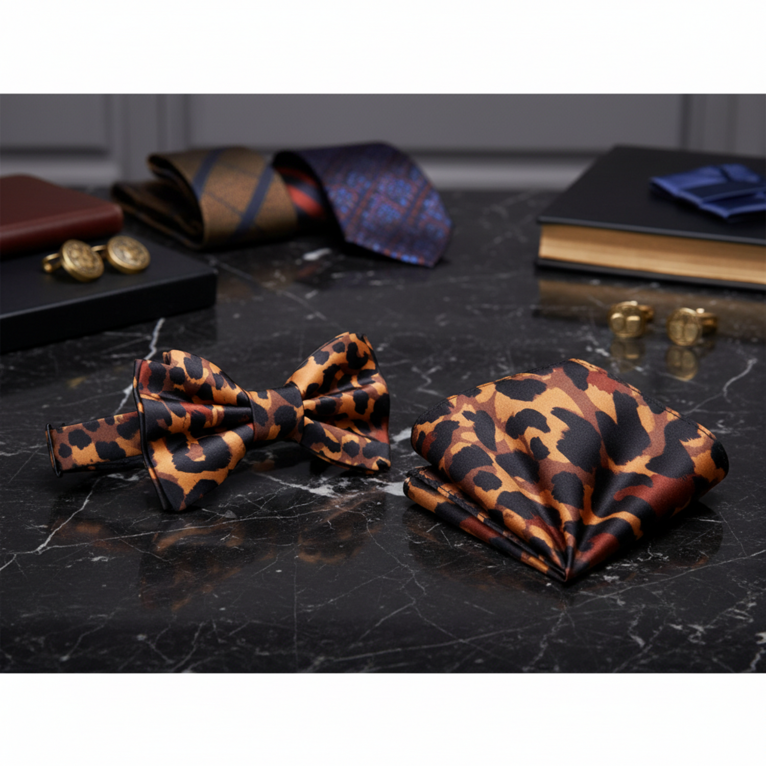 Orange Brown Black Cheetah Bow tie and square||Orange