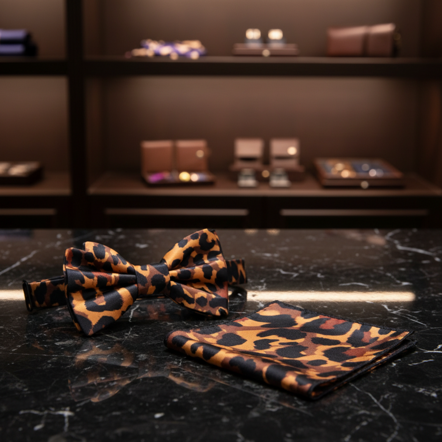 Leopard print bow tie and pocket square set on a mannequin with a white shirt.