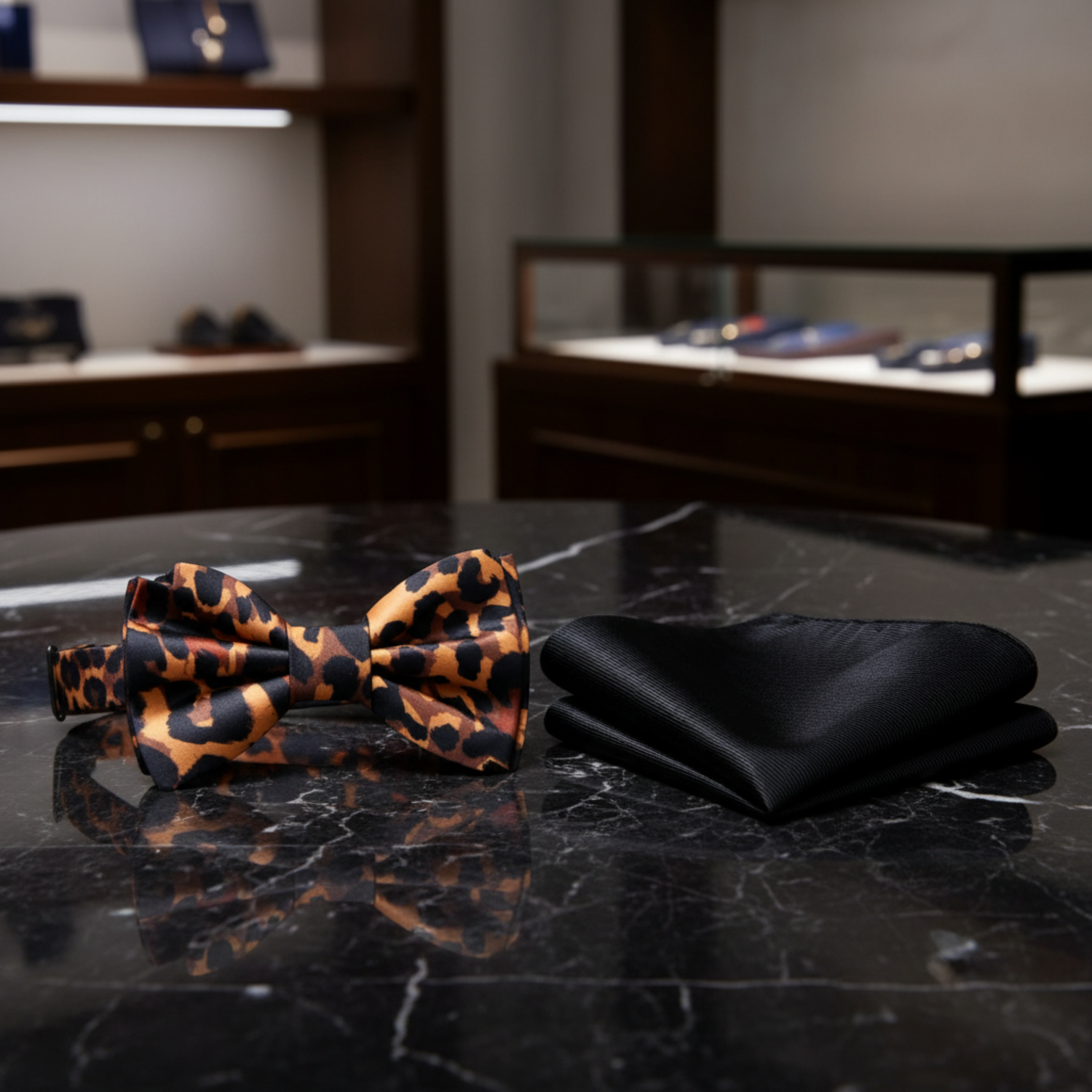 Leopard print bow tie and black pocket square on a mannequin with a white shirt.