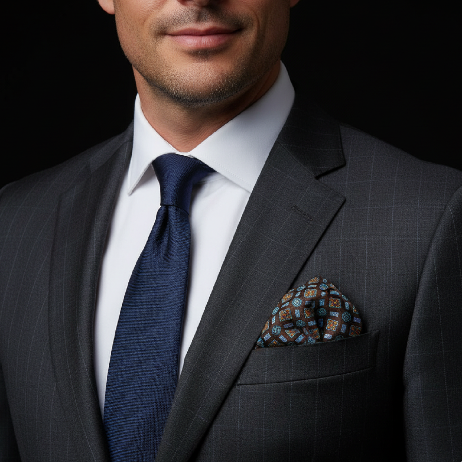 A Teal, Orange Abstract Shapes Pattern Pocket Square On man