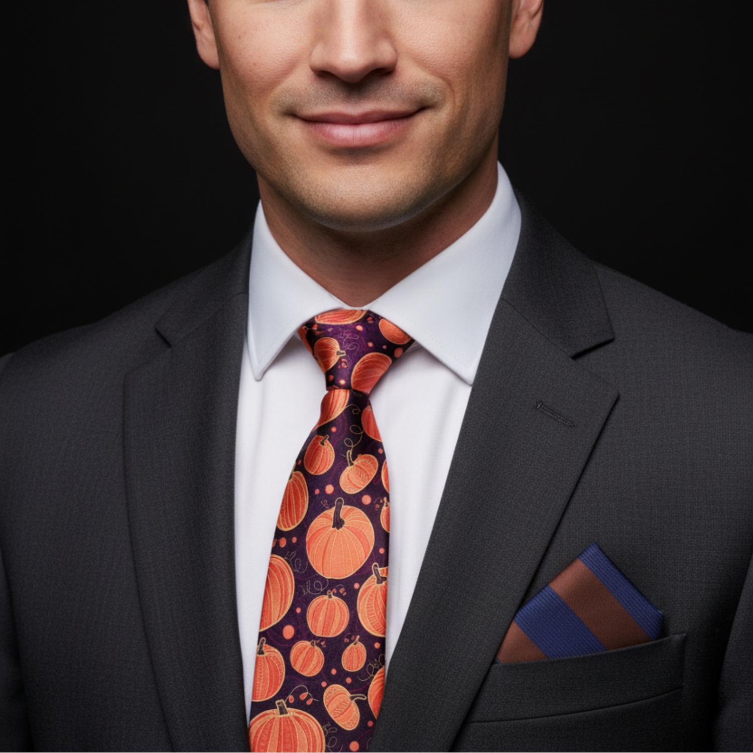 Man wearing a dark suit with a white shirt and a patterned tie against a black background