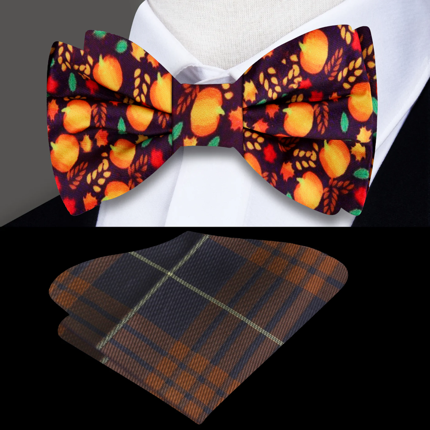 Brown Orange Red Green Fall Leaves Bow Tie and Accenting Square 1