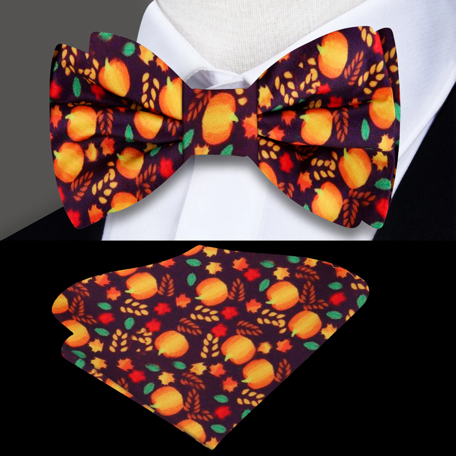 Brown Orange Red Green Fall Leaves Bow Tie and Square 1