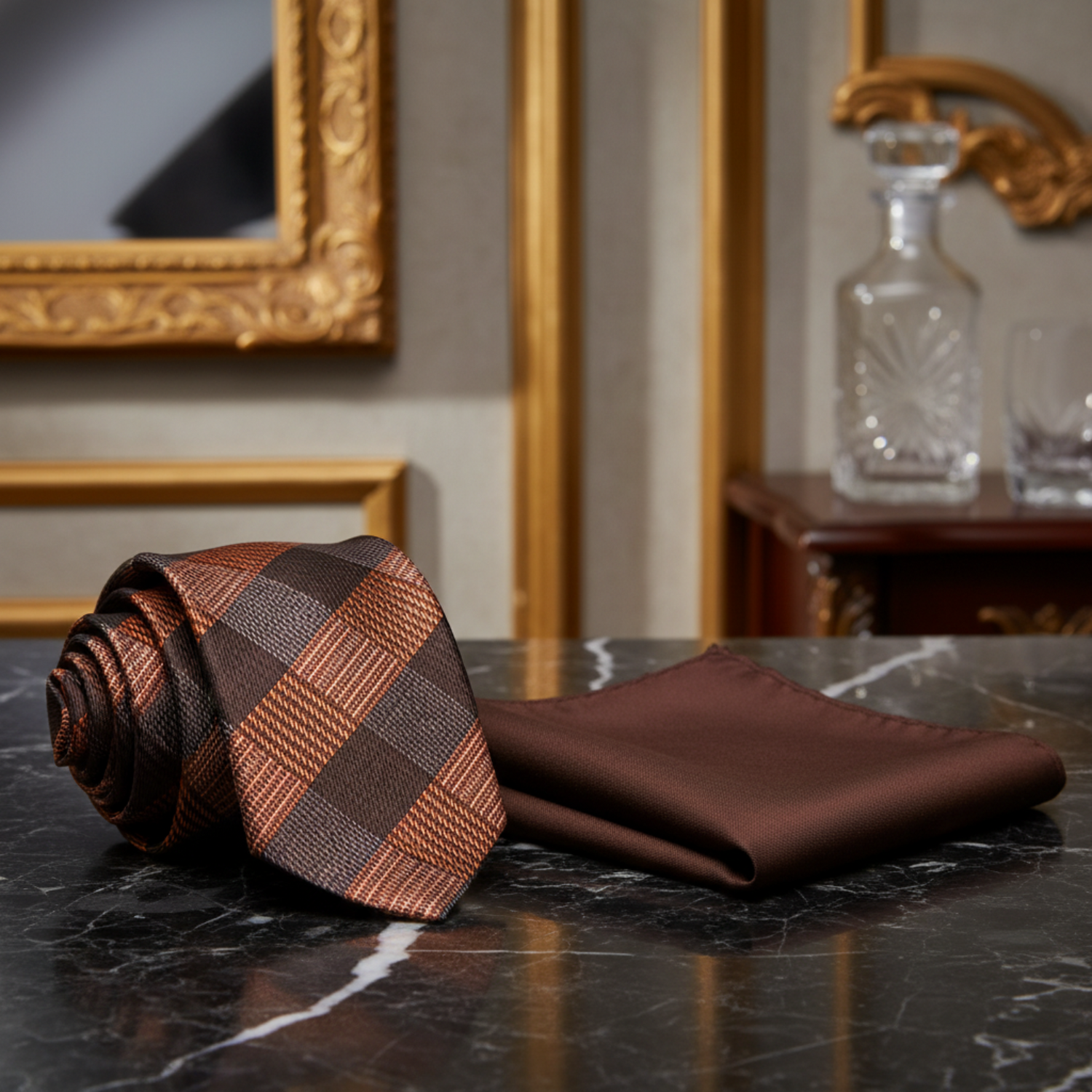 Alt View: Brown Plaid Necktie and Brown Square