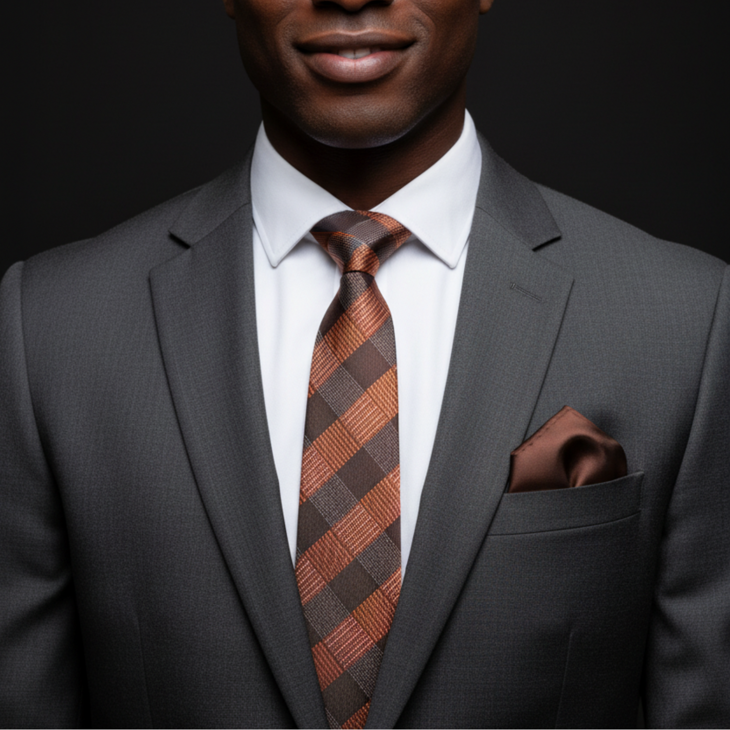 Man wearing brown and orange plaid tie and accenting brown square 
