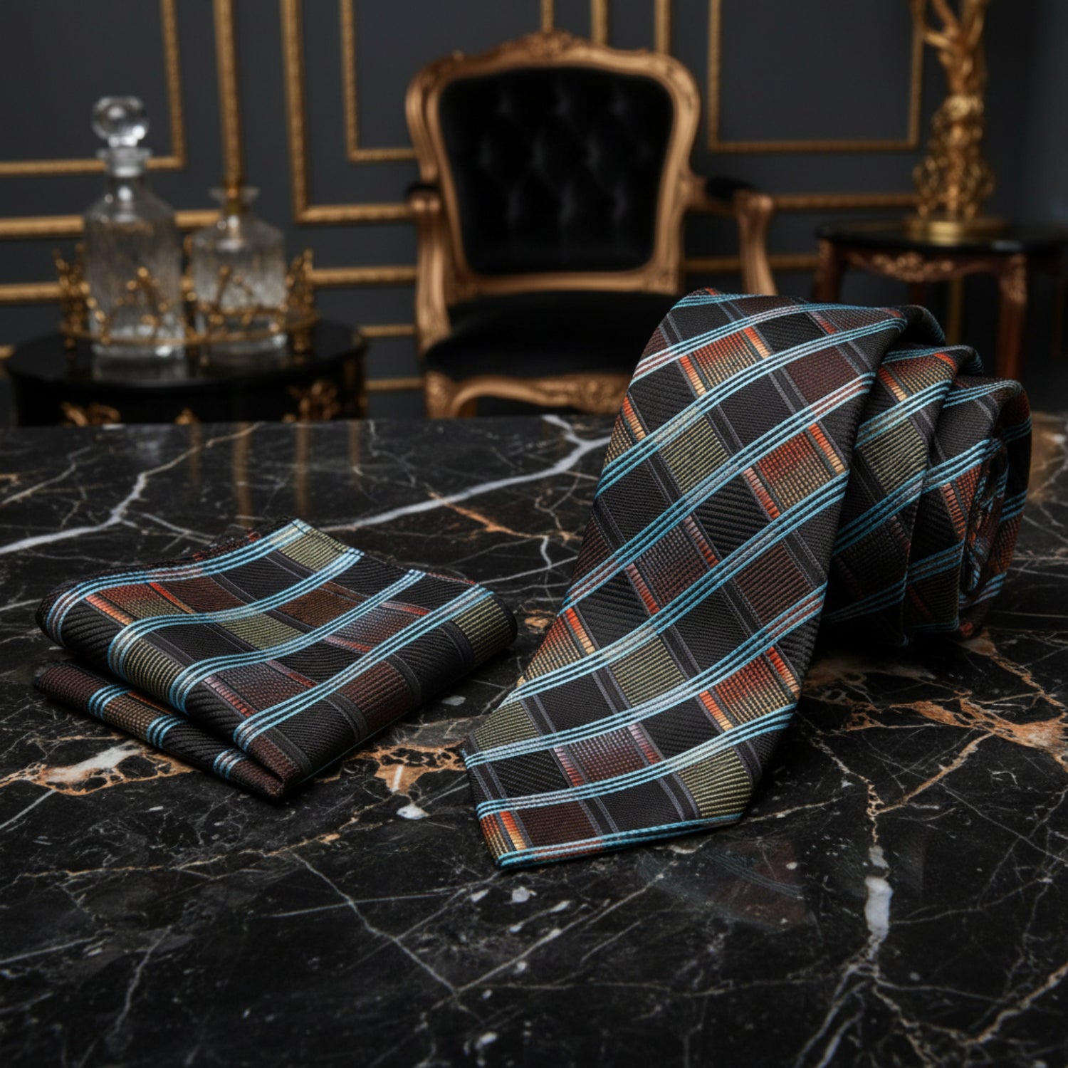 Premium Brown, Orange and Black Check Tie and Pocket Square