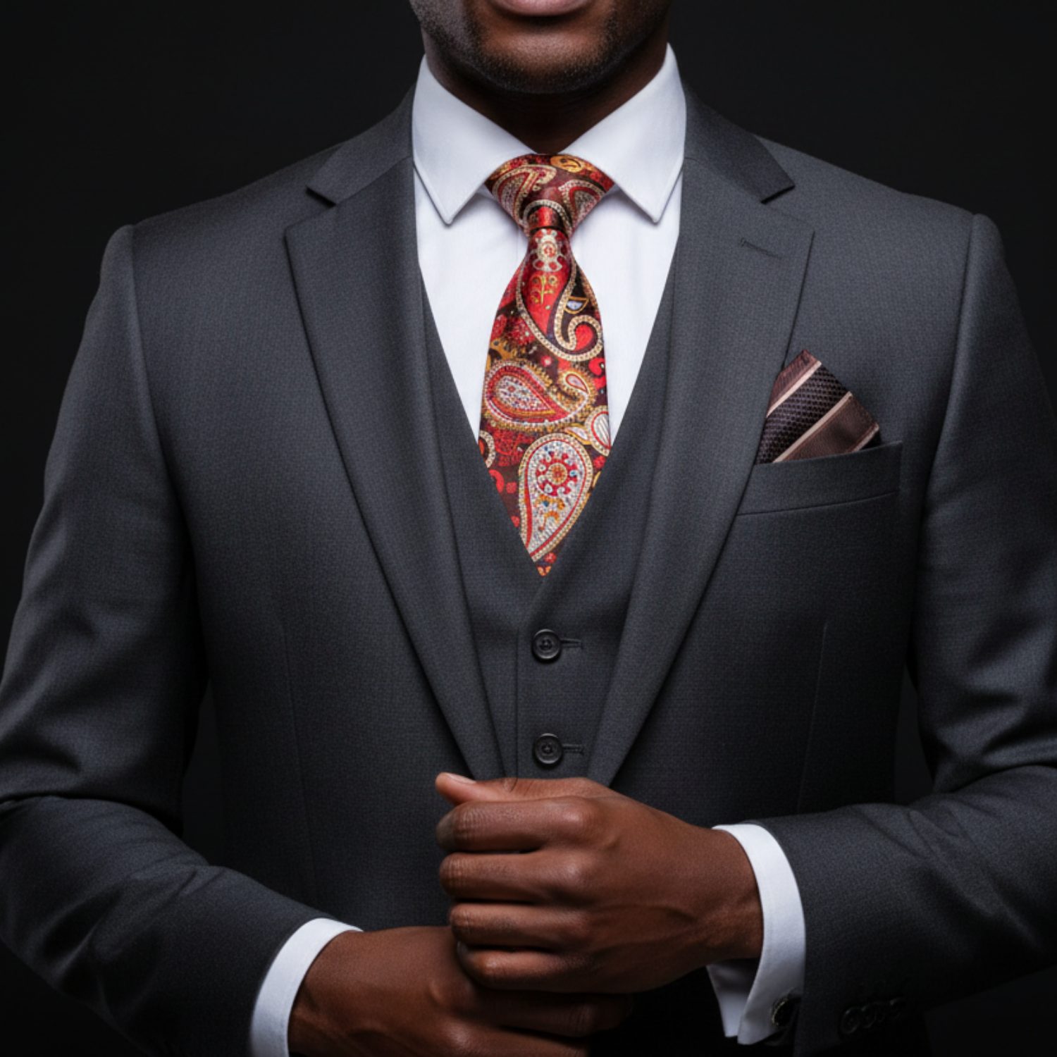 Man wearing a gray suit with a patterned tie and pocket square on a black background
