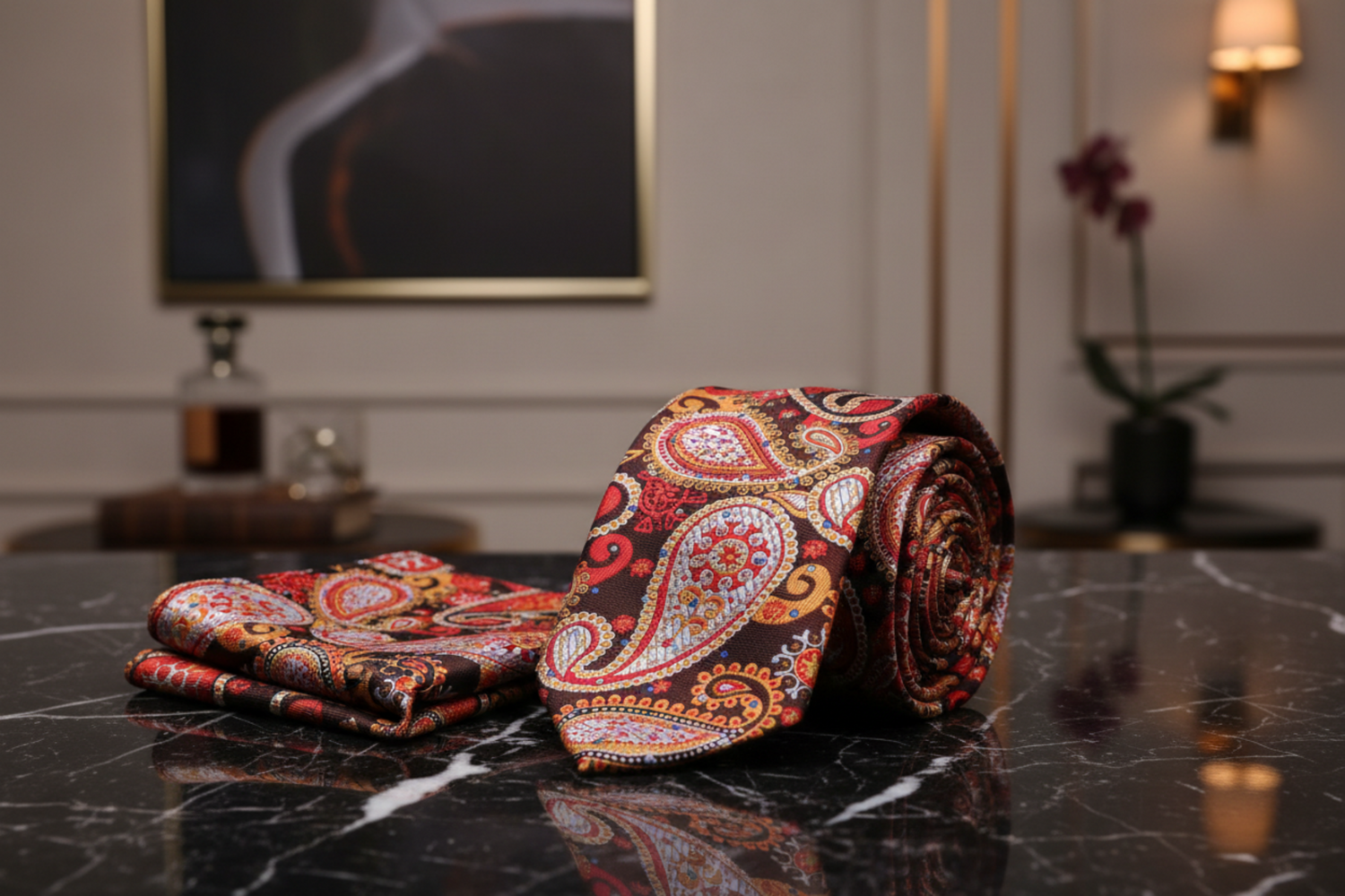 Detailed Paisley Necktie in Rich Brown & Orange