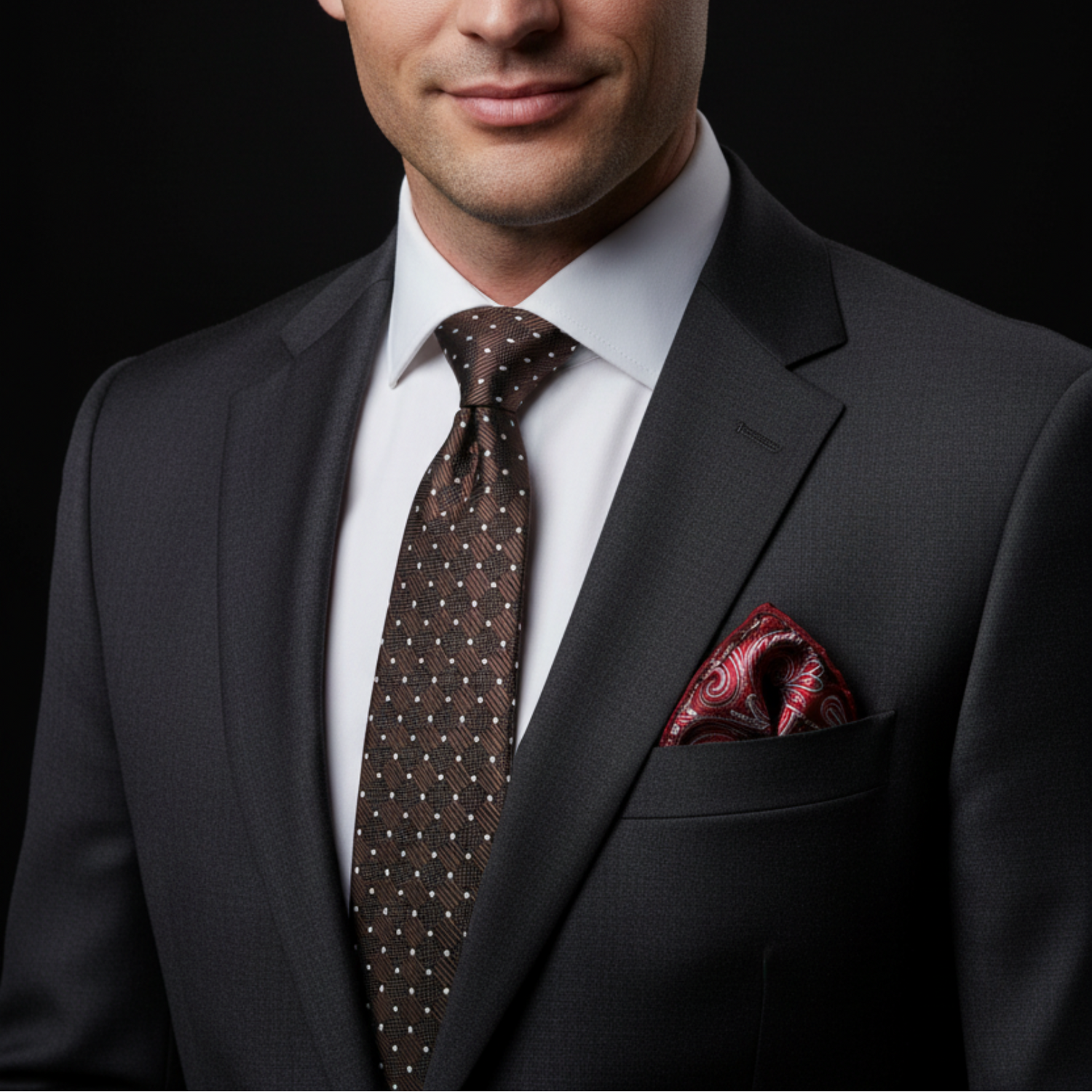Man wearing a dark suit with a patterned tie and pocket square on a black background