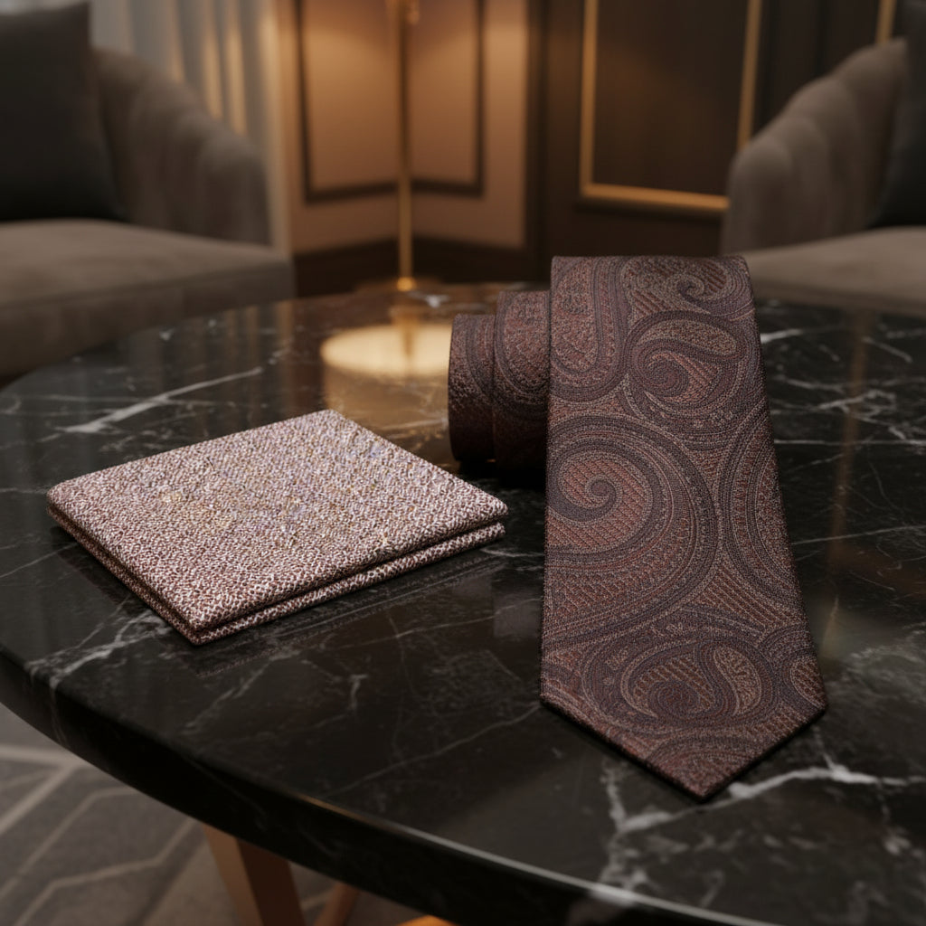 Alt Brown Paisley Necktie and Accenting Square
