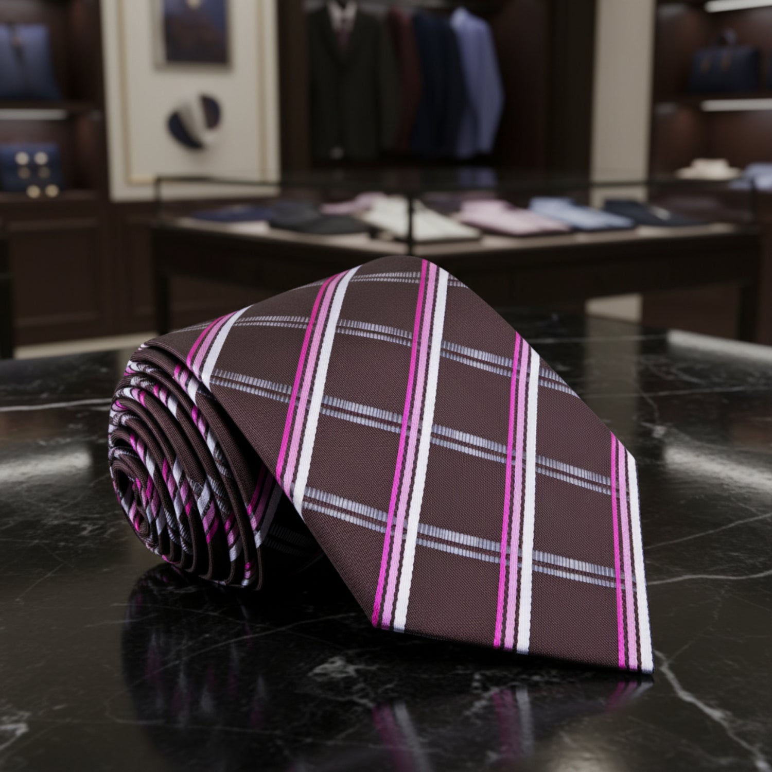 Brown, Pink Plaid Necktie  