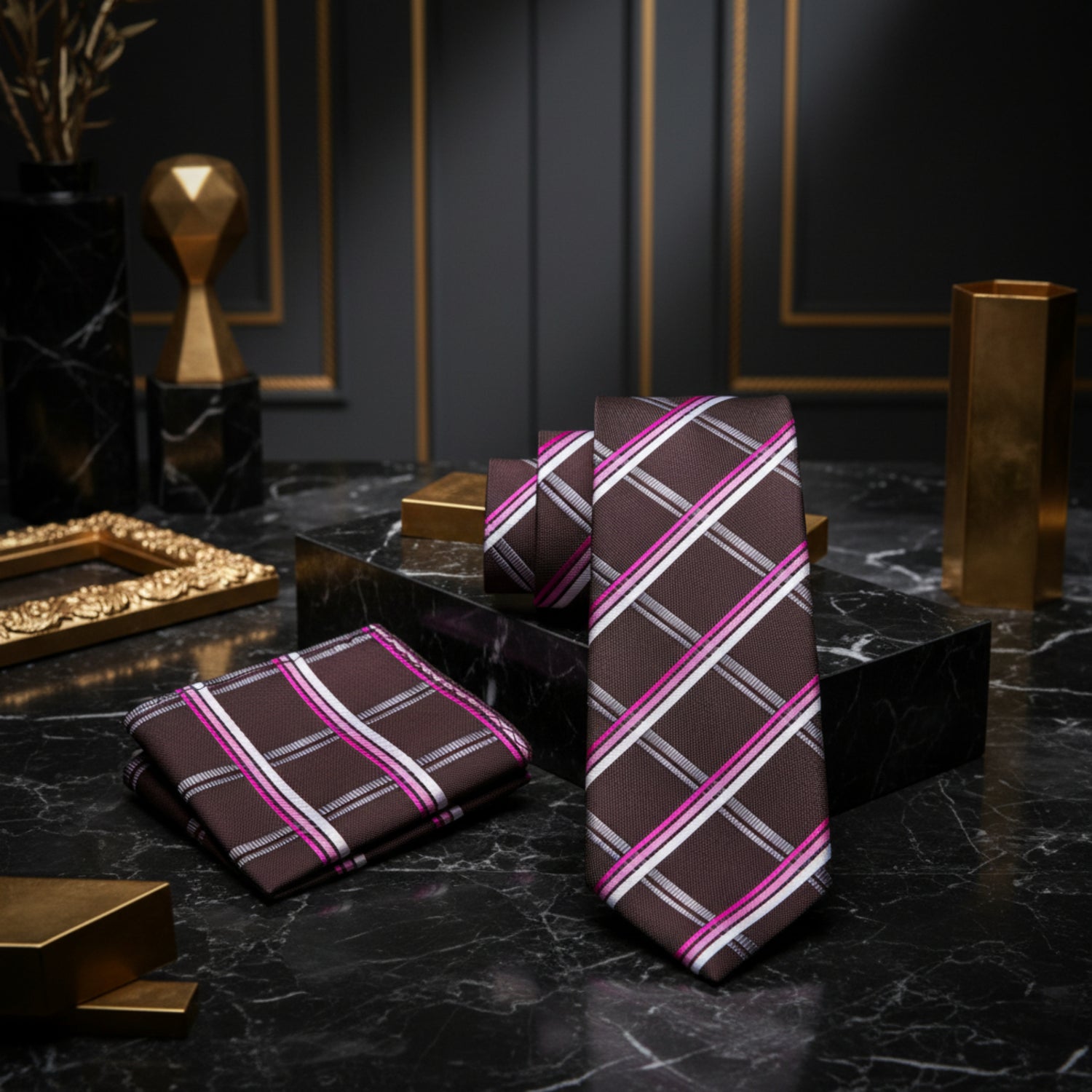 View 2: Brown, Pink Plaid Necktie & Square