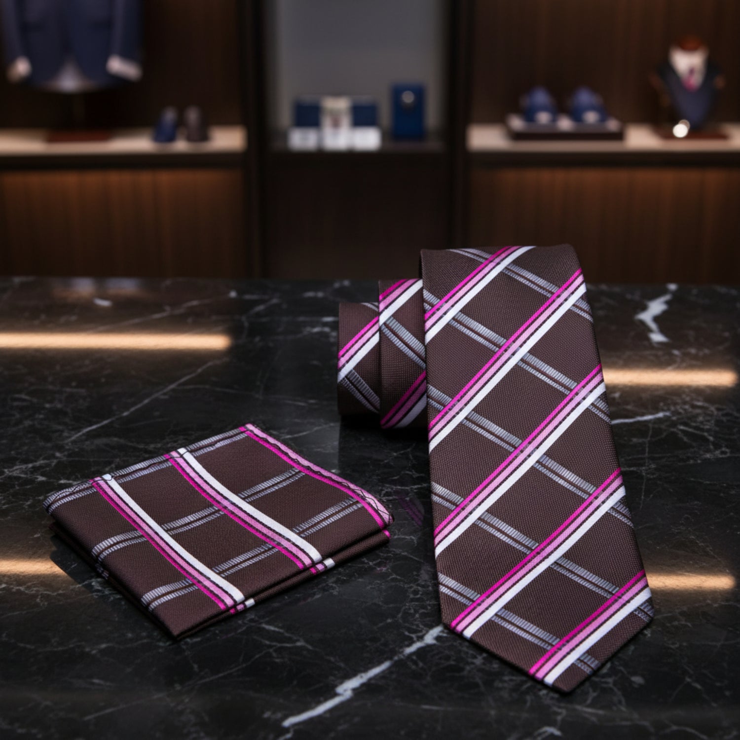 Alt Blackened Brown, Pink and white Plaid Necktie and Square