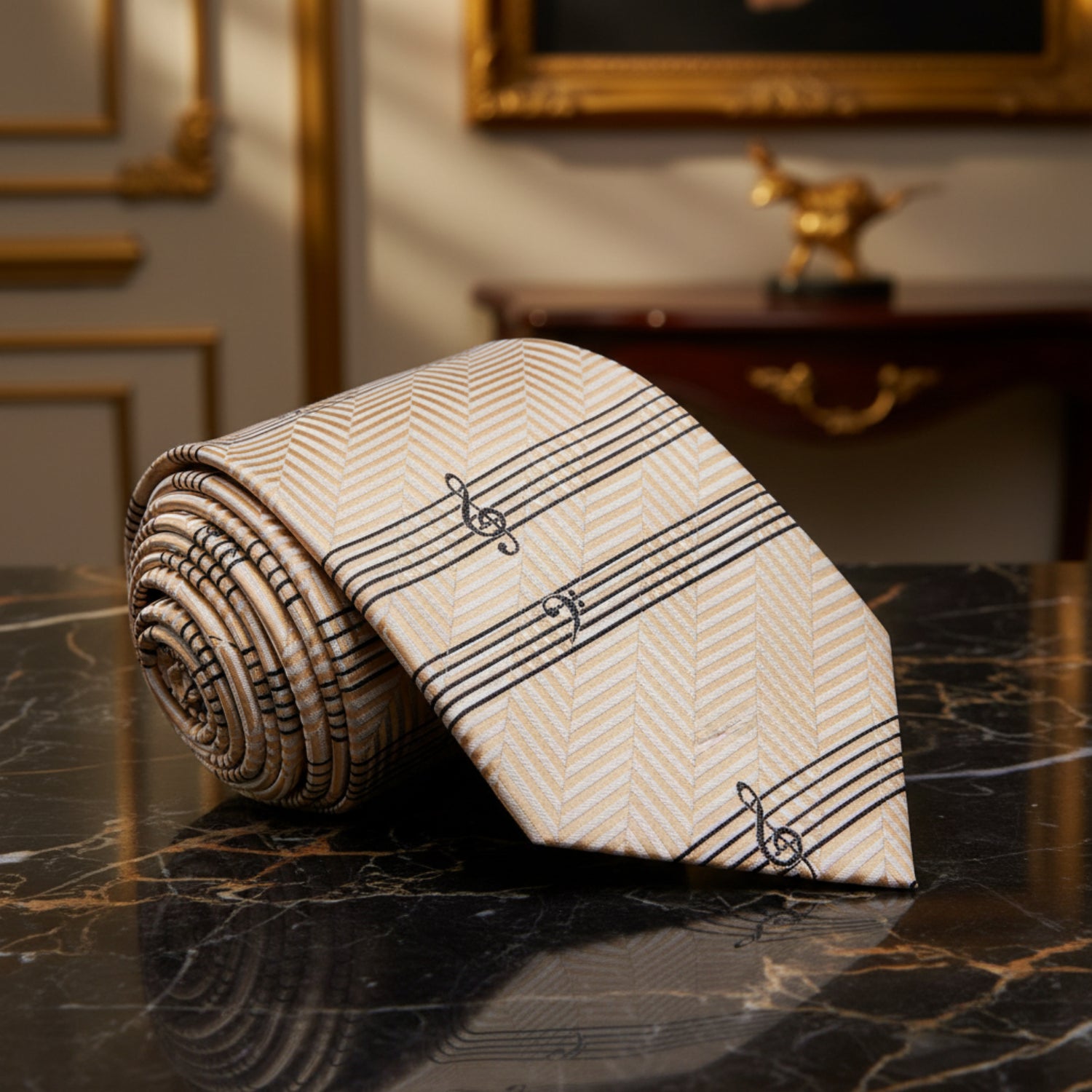 Roll of beige fabric with black treble clef pattern on a white background