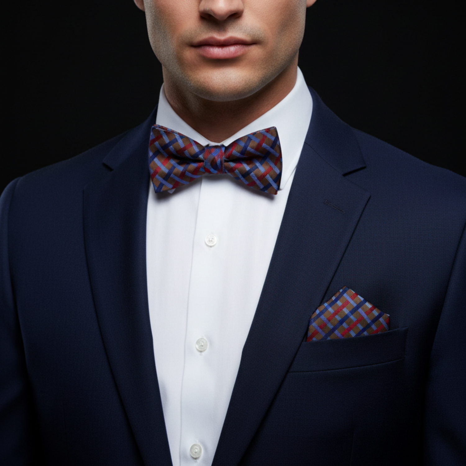 Man wearing a navy suit with a patterned bow tie and pocket square on a black background
