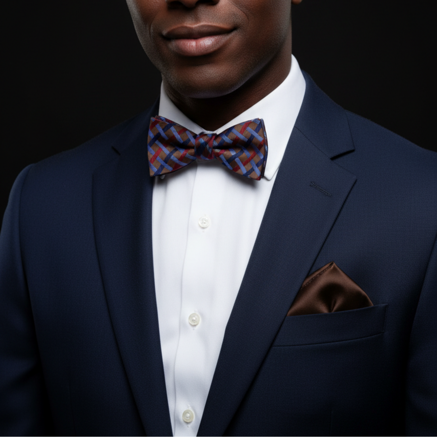 Man wearing a navy suit with a patterned bow tie and brown pocket square on a black background