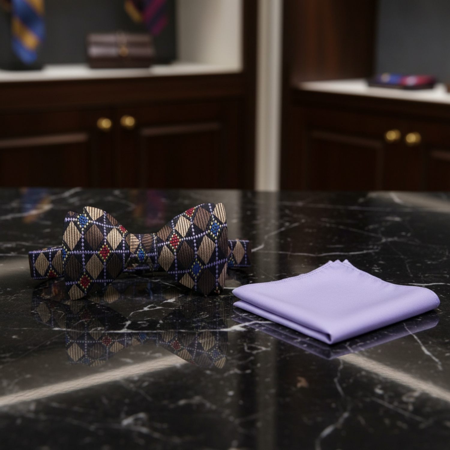 Brown, Red, Blue Geometric Diamonds Self Tie Bow Tie and Purple Square