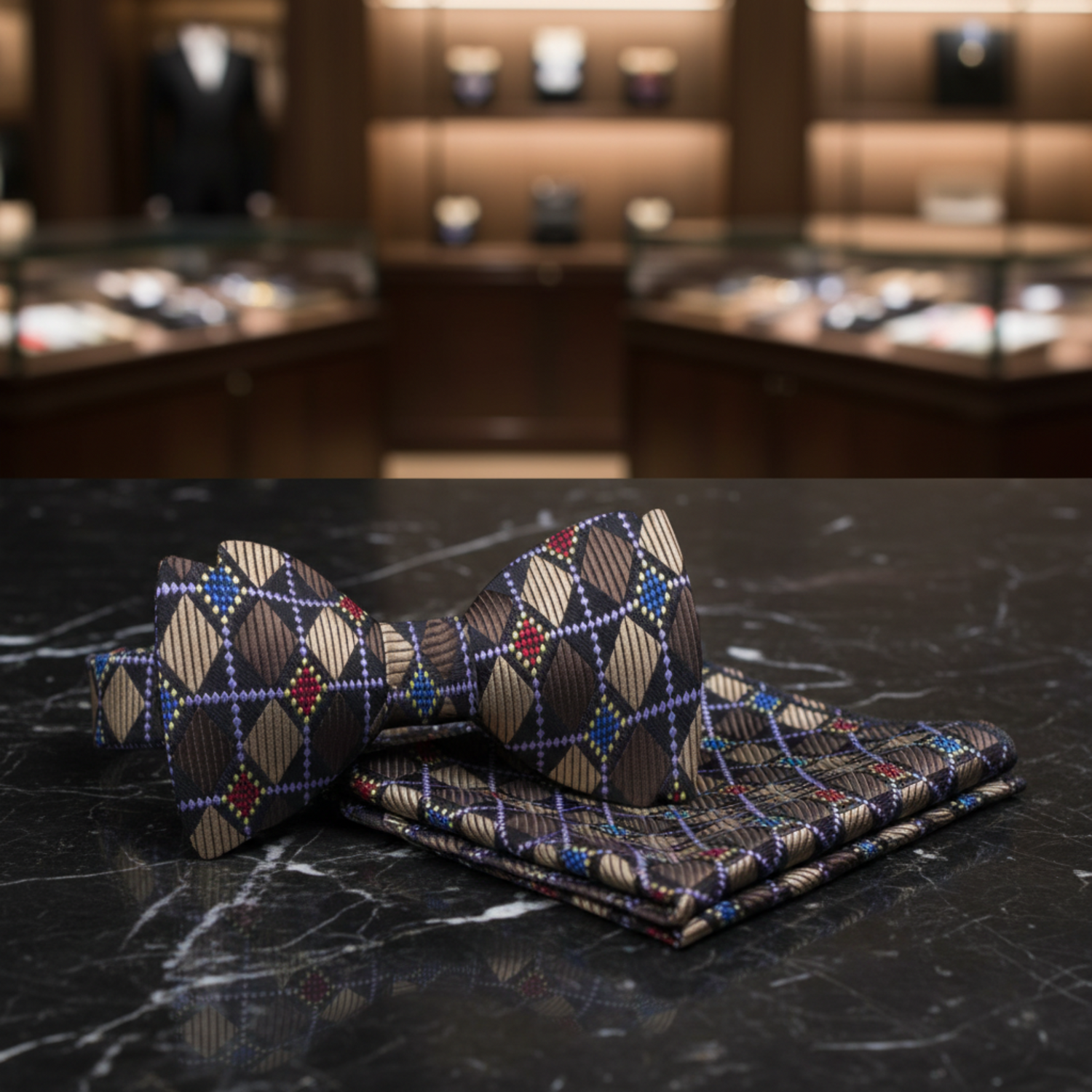 Brown, Red, Blue Geometric Diamonds Self Tie Bow Tie and Matching Square