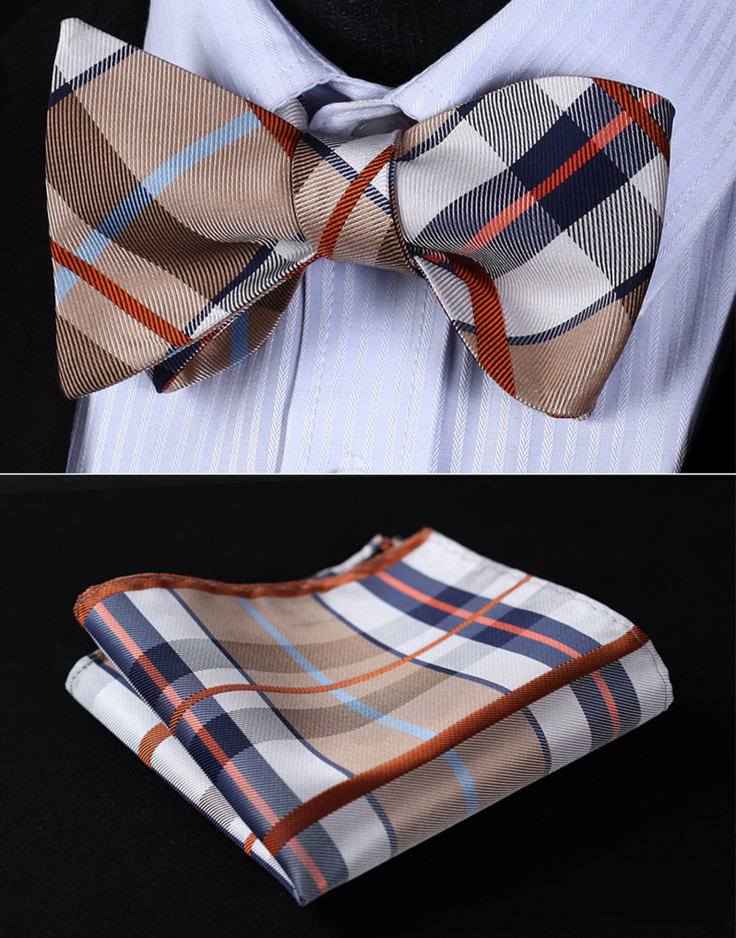 Alt: A Cream, White, Blue, Red Plaid Pattern Silk Self Tie Bow Tie, Matching Pocket Square